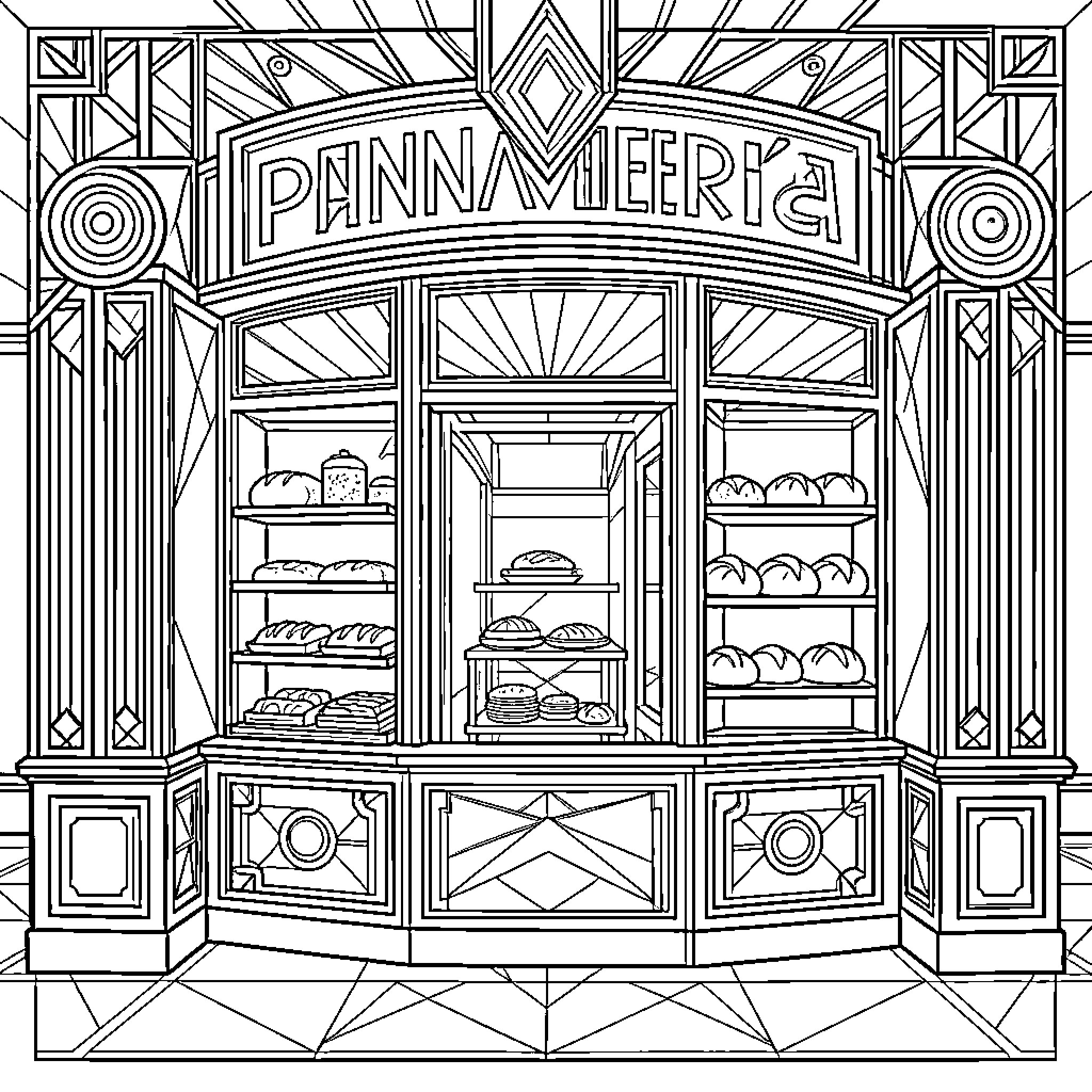Bakery Stand with Detailed Architectural Design Coloring Page (free black-and-white line drawing printable PDF for all, from beginners to advanced learners, including children, teens, adults, and seniors)