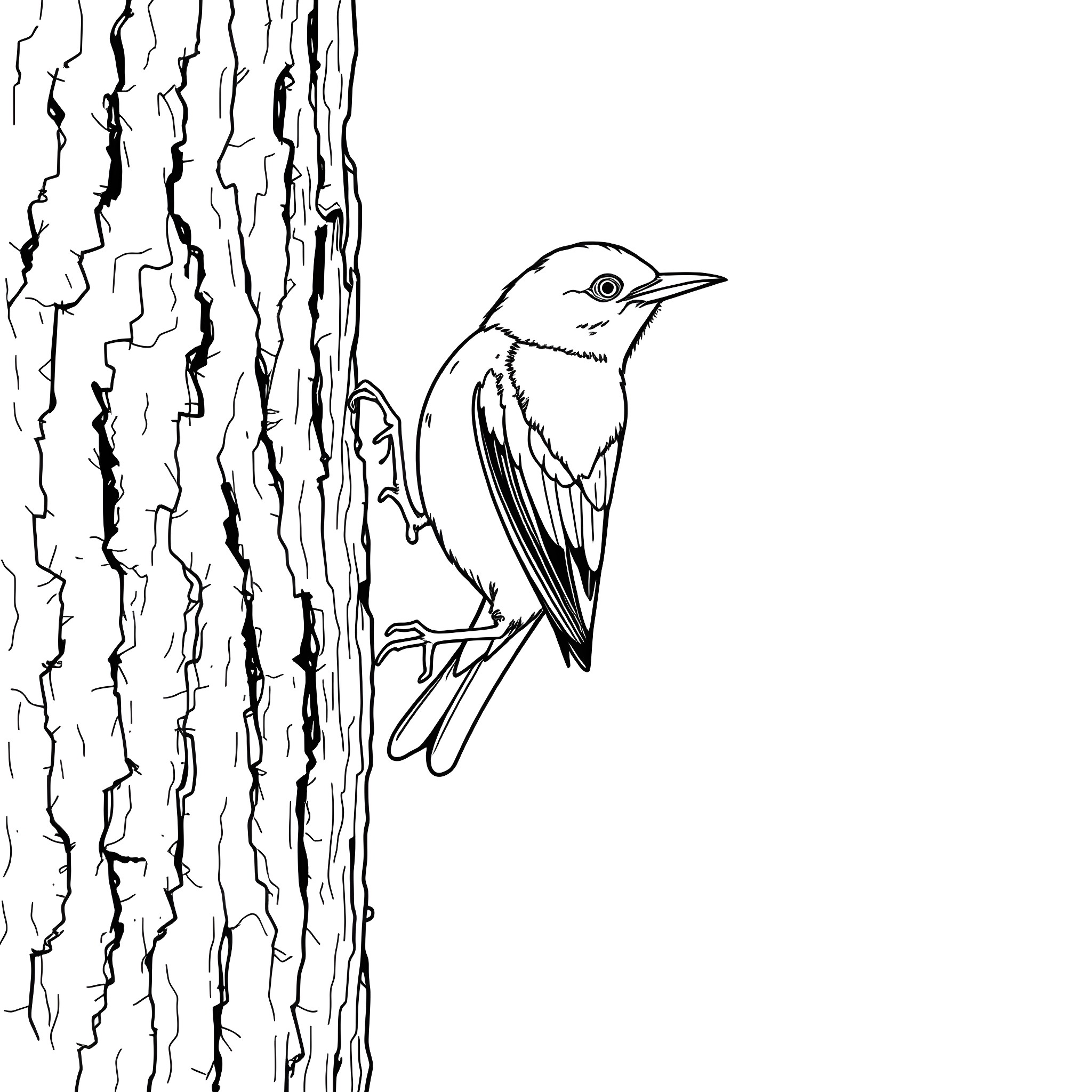 Tanager perched on a tree trunk Coloring Page (free black-and-white line drawing printable PDF for all, from beginners to advanced learners, including children, teens, adults, and seniors)