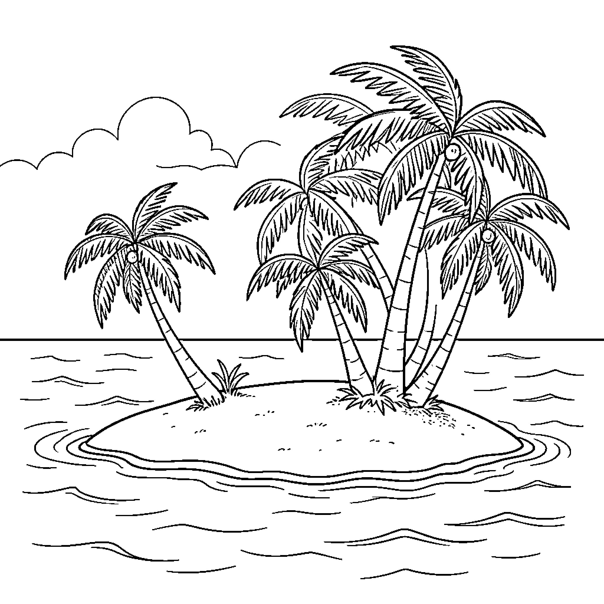 Patpratrouille tropical palm trees on a small island Coloring Page (free black-and-white line drawing printable PDF for all, from beginners to advanced learners, including children, teens, adults, and seniors)