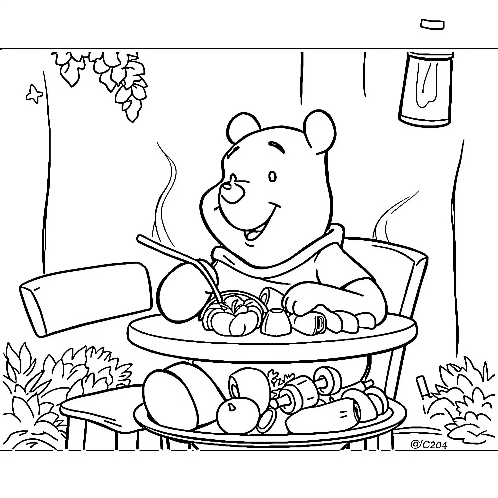 Winnie The Pooh enjoys a hearty meal outdoors Coloring Page (free black-and-white line drawing printable PDF for all, from beginners to advanced learners, including children, teens, adults, and seniors)