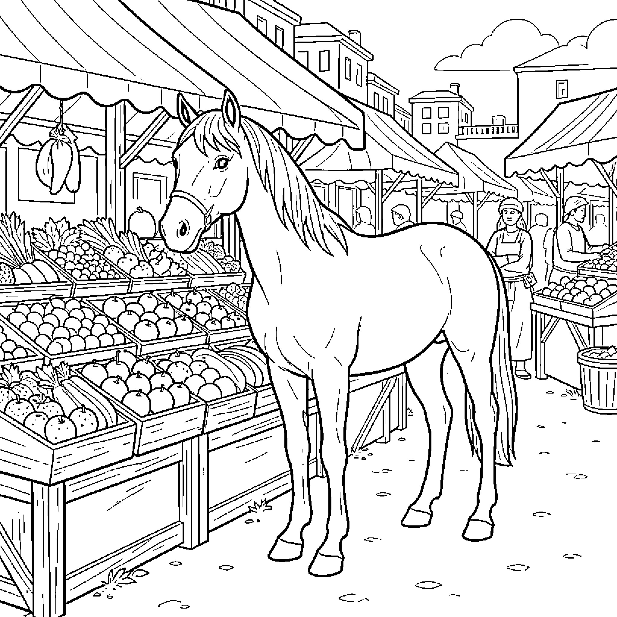 Horse standing calmly next to a market stall Coloring Page (free black-and-white line drawing printable PDF for all, from beginners to advanced learners, including children, teens, adults, and seniors)