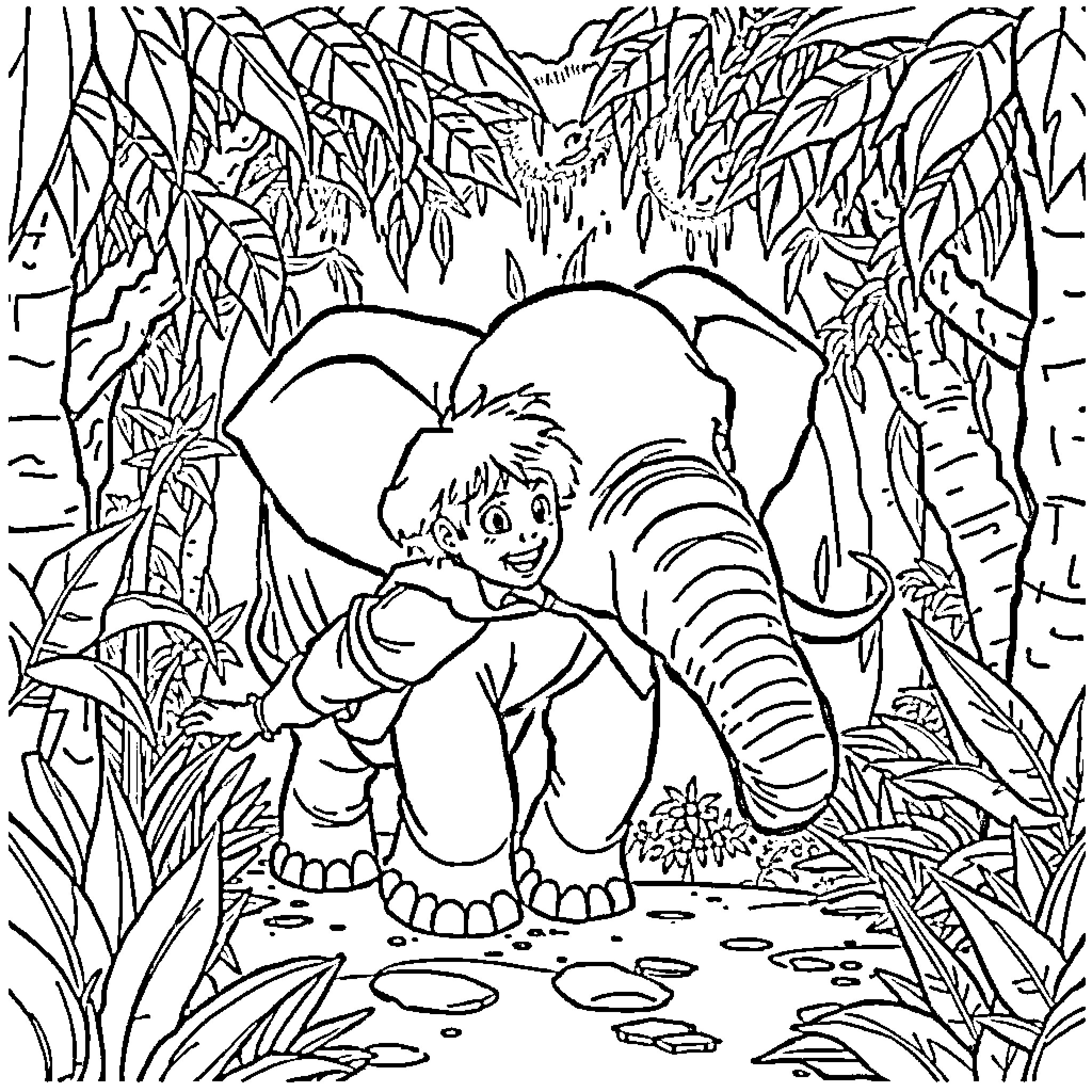 Kid plays joyfully with elephant in lush jungle Coloring Page (free black-and-white line drawing printable PDF for all, from beginners to advanced learners, including children, teens, adults, and seniors)