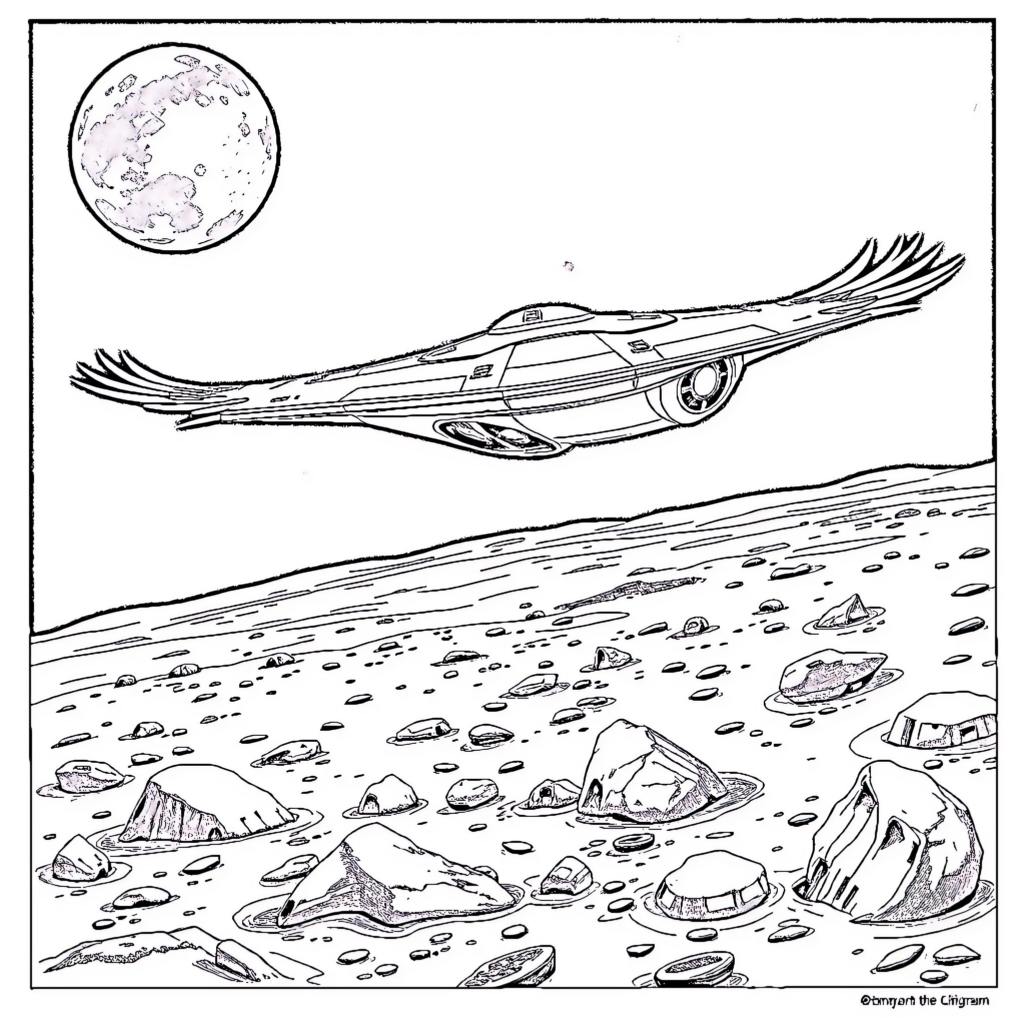 Eagle Transporter Soaring Over Alien Landscape Coloring Page (free black-and-white line drawing printable PDF for all, from beginners to advanced learners, including children, teens, adults, and seniors)