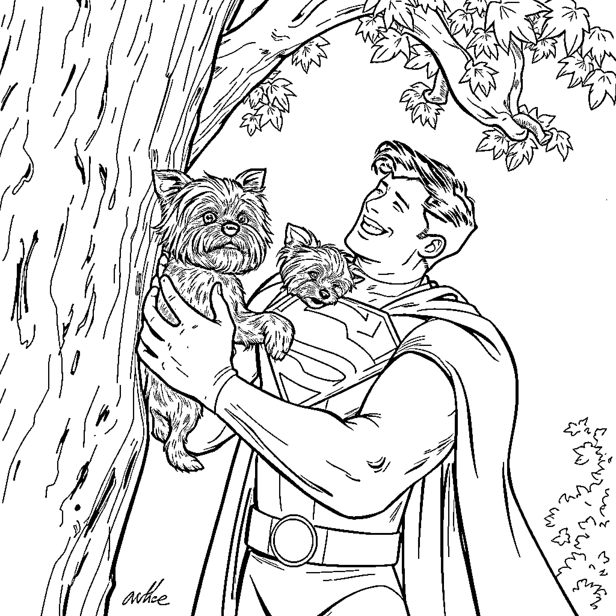 Superman Sheltering Pets in the Rain Coloring Page (free black-and-white line drawing printable PDF for all, from beginners to advanced learners, including children, teens, adults, and seniors)