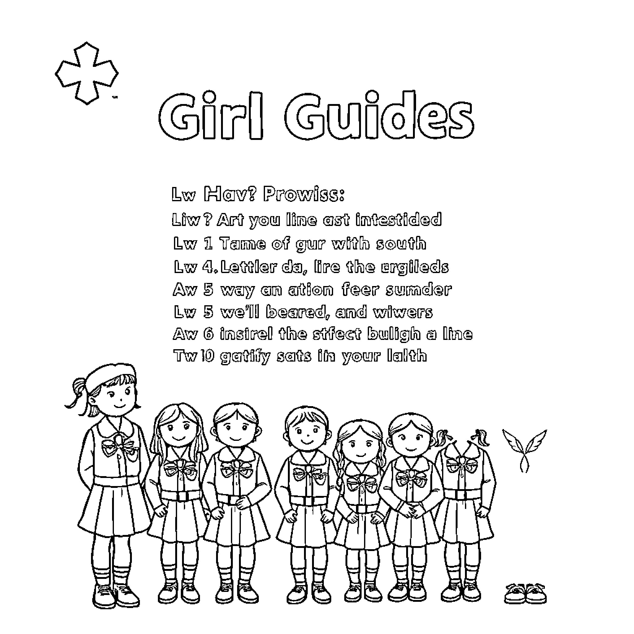 Girl Guides Participating in Activities Coloring Page (free black-and-white line drawing printable PDF for all, from beginners to advanced learners, including children, teens, adults, and seniors)
