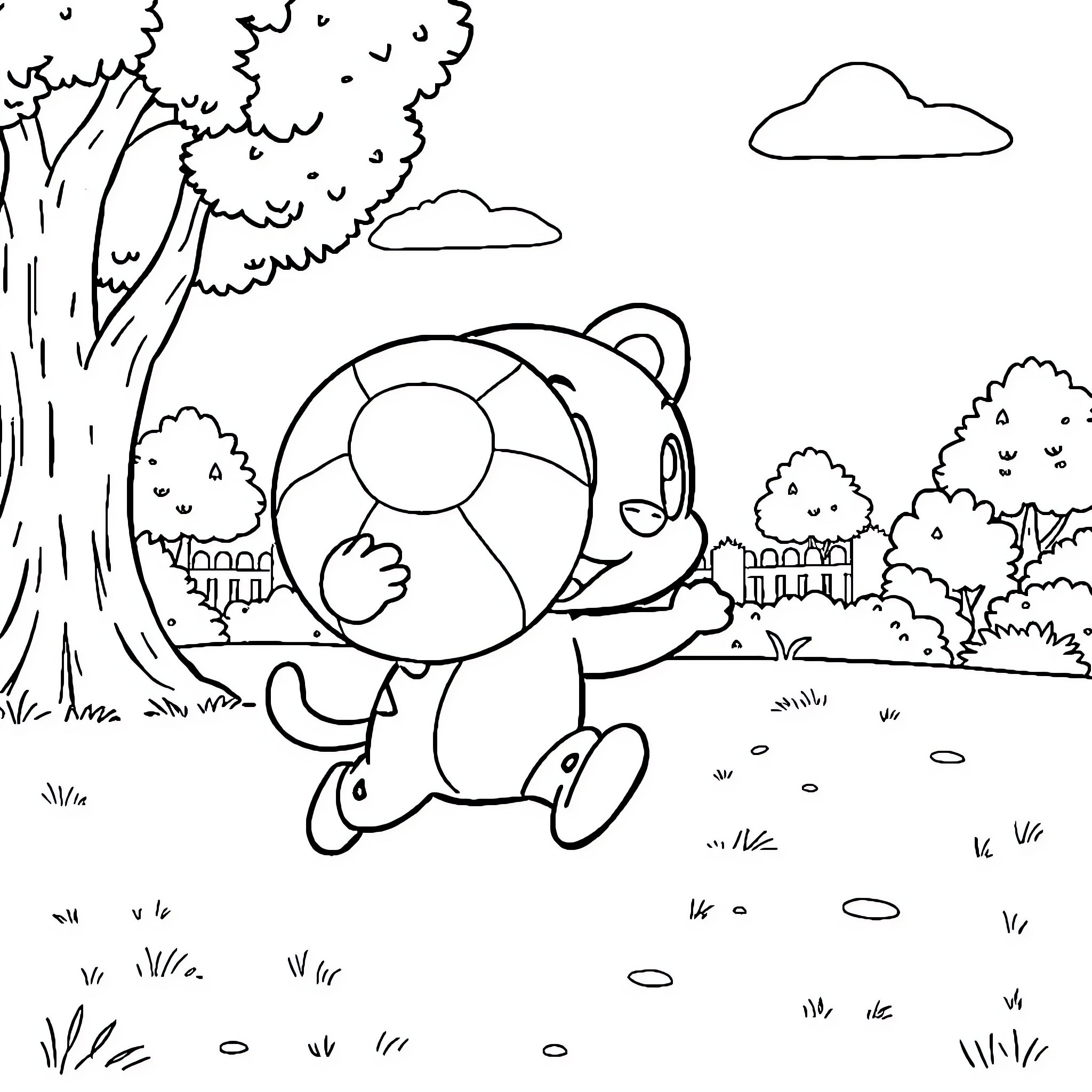 Labubu playing with beach ball in the park Coloring Page (free black-and-white line drawing printable PDF for all, from beginners to advanced learners, including children, teens, adults, and seniors)
