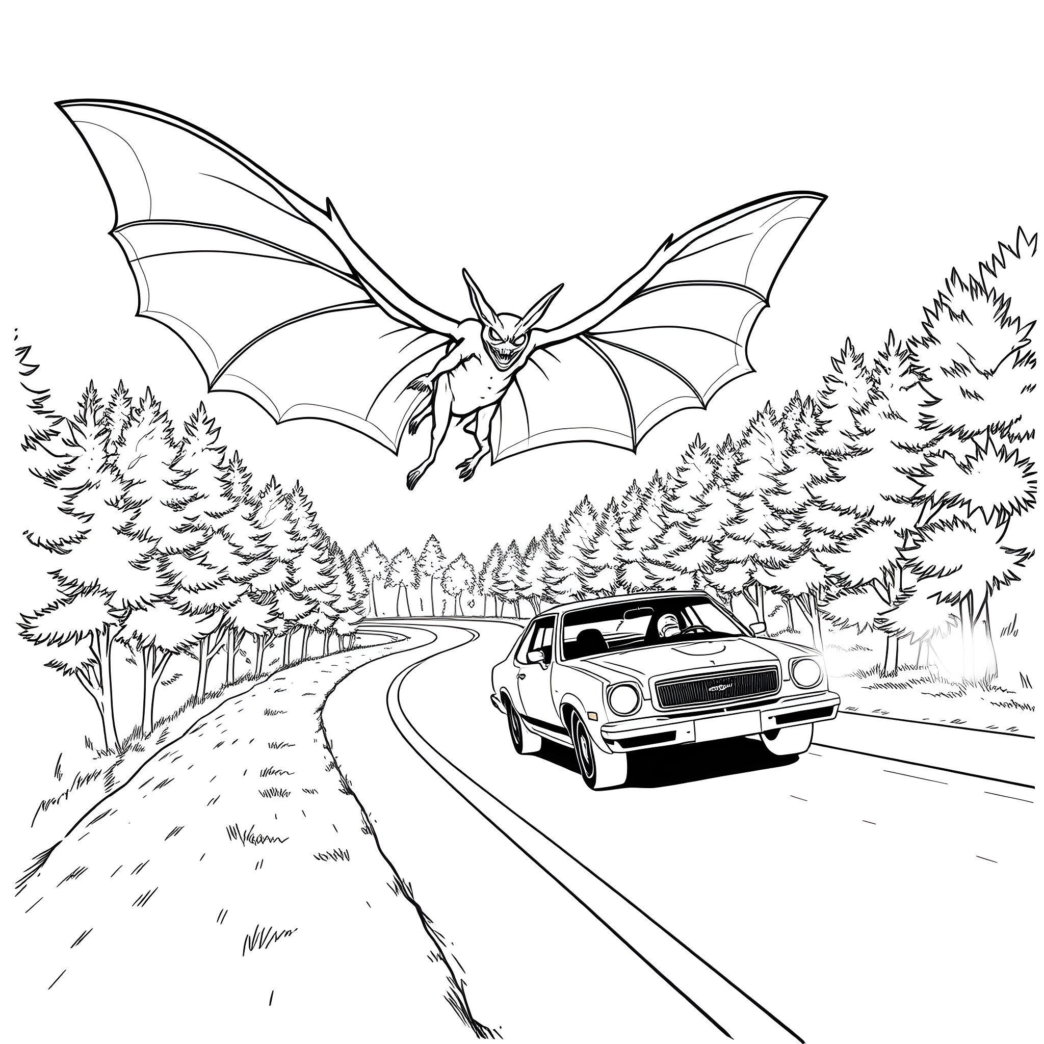 Mothman swooping over the countryside highway Coloring Page (free black-and-white line drawing printable PDF for all, from beginners to advanced learners, including children, teens, adults, and seniors)