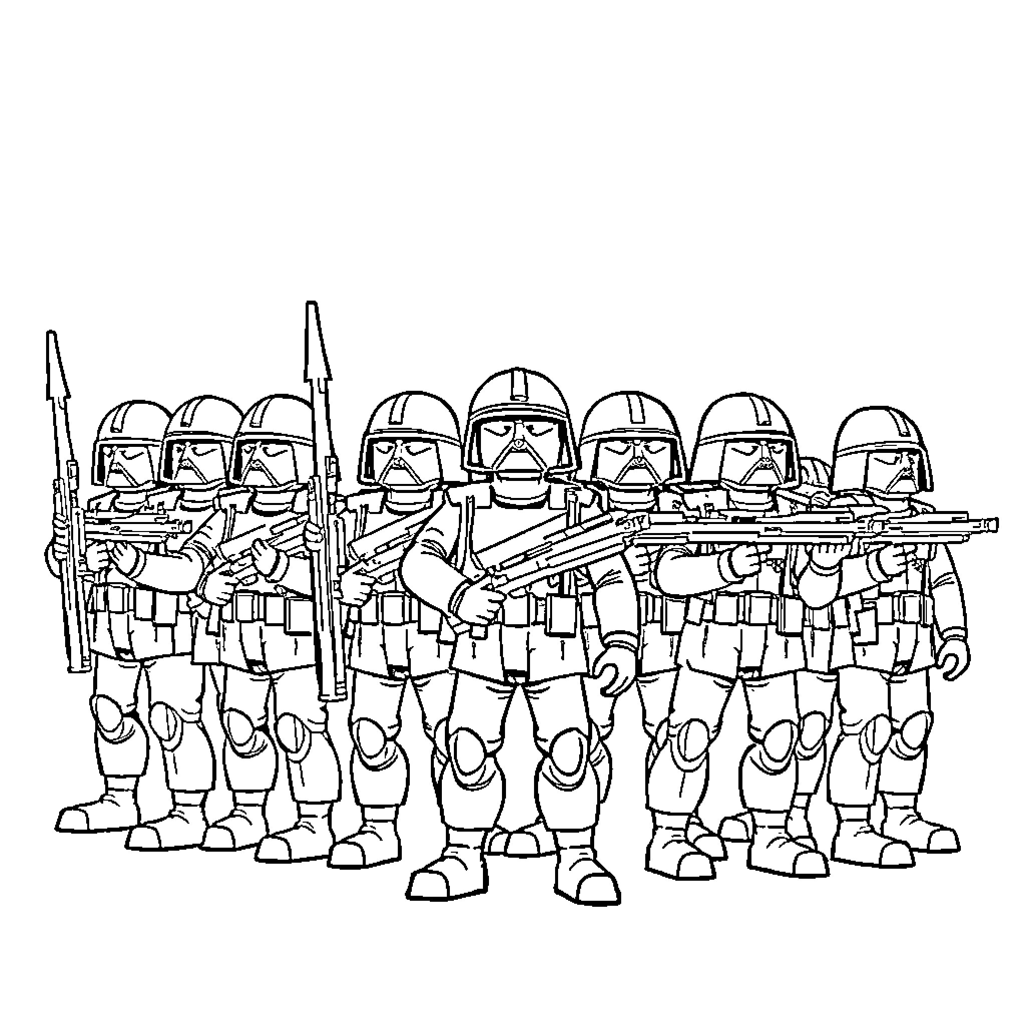 Mini Force squad in combat gear and weapons Coloring Page (free black-and-white line drawing printable PDF for all, from beginners to advanced learners, including children, teens, adults, and seniors)