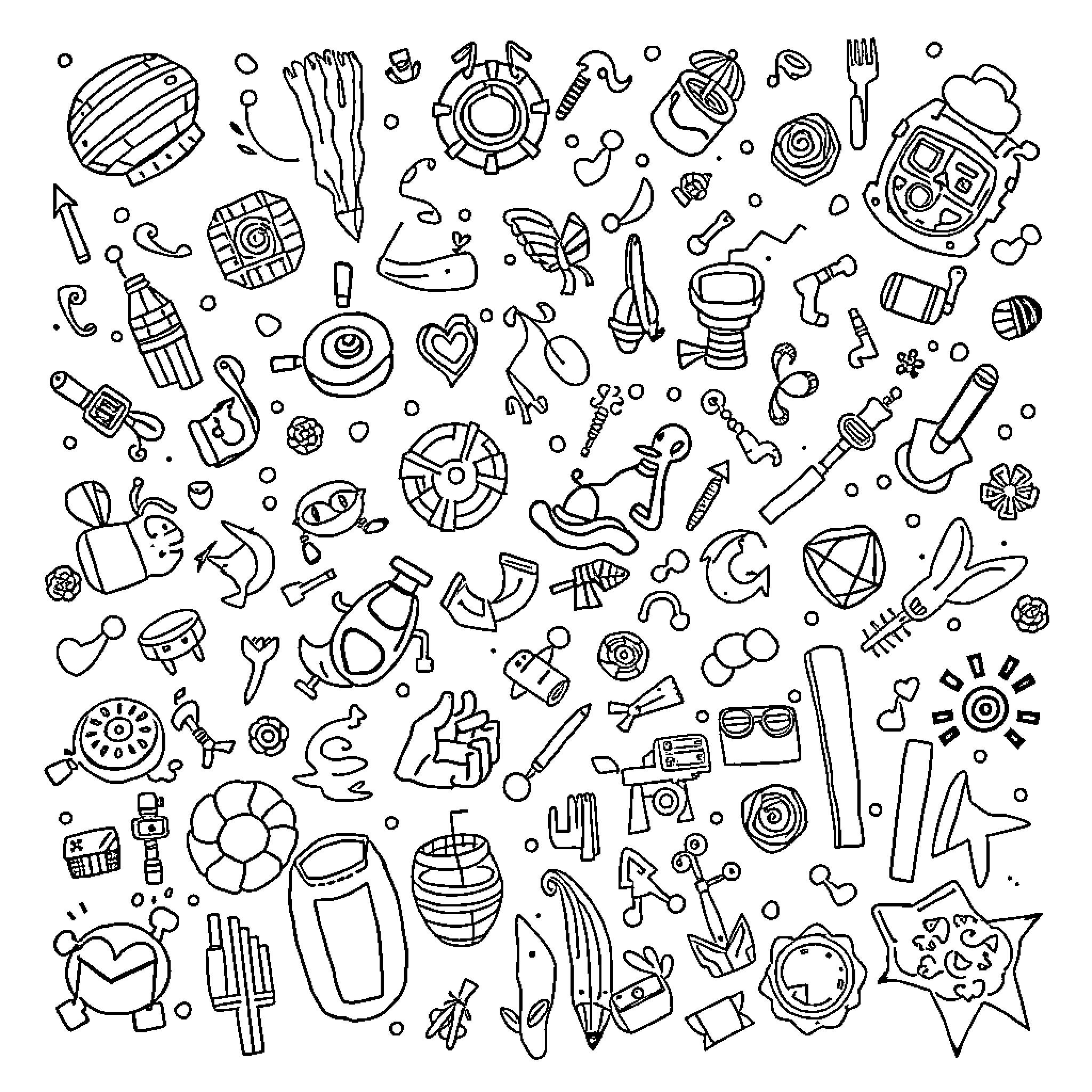 Doodle of Everyday Objects and Symbols Coloring Page (free black-and-white line drawing printable PDF for all, from beginners to advanced learners, including children, teens, adults, and seniors)