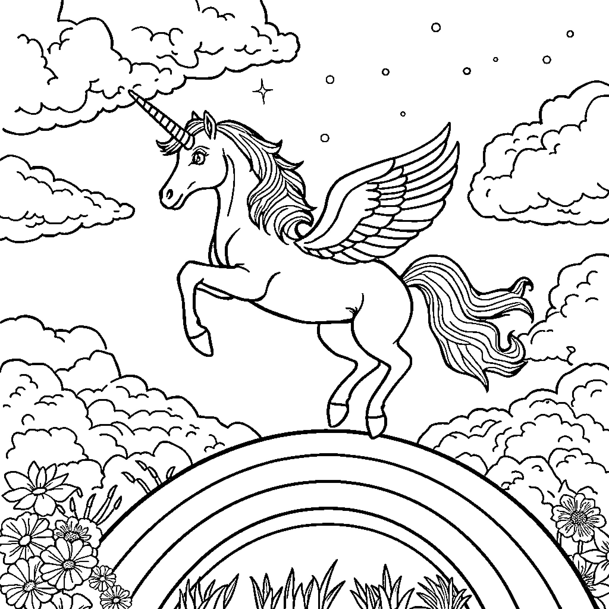 Unicorn soaring through the magical clouds Coloring Page (free black-and-white line drawing printable PDF for all, from beginners to advanced learners, including children, teens, adults, and seniors)