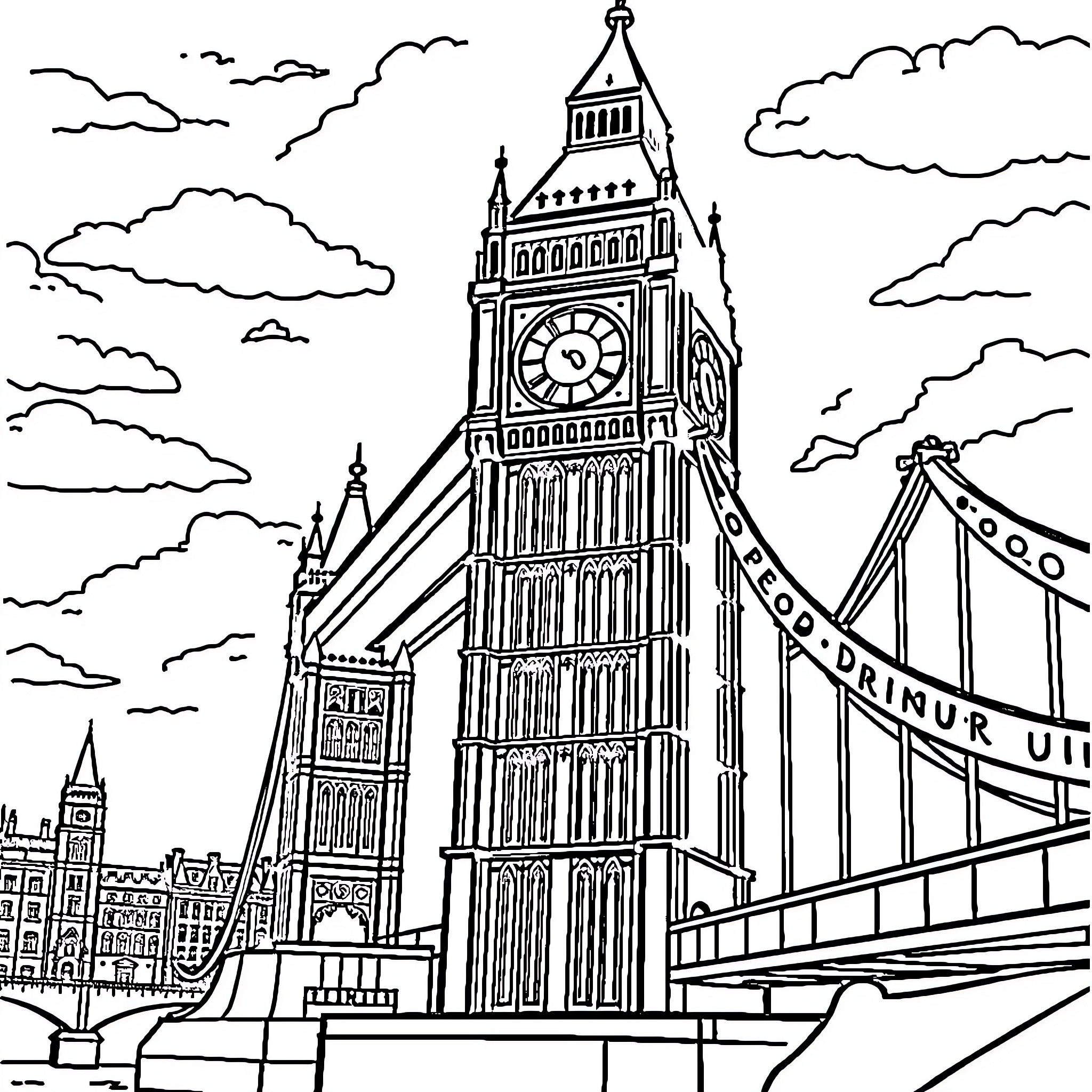London landmark clock tower in the city skyline Coloring Page (free black-and-white line drawing printable PDF for all, from beginners to advanced learners, including children, teens, adults, and seniors)