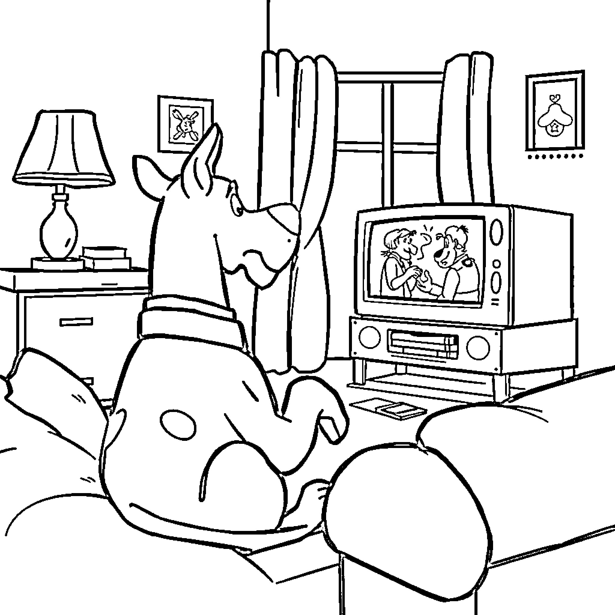 Scooby Doo relaxing on the couch watching TV Coloring Page (free black-and-white line drawing printable PDF for all, from beginners to advanced learners, including children, teens, adults, and seniors)