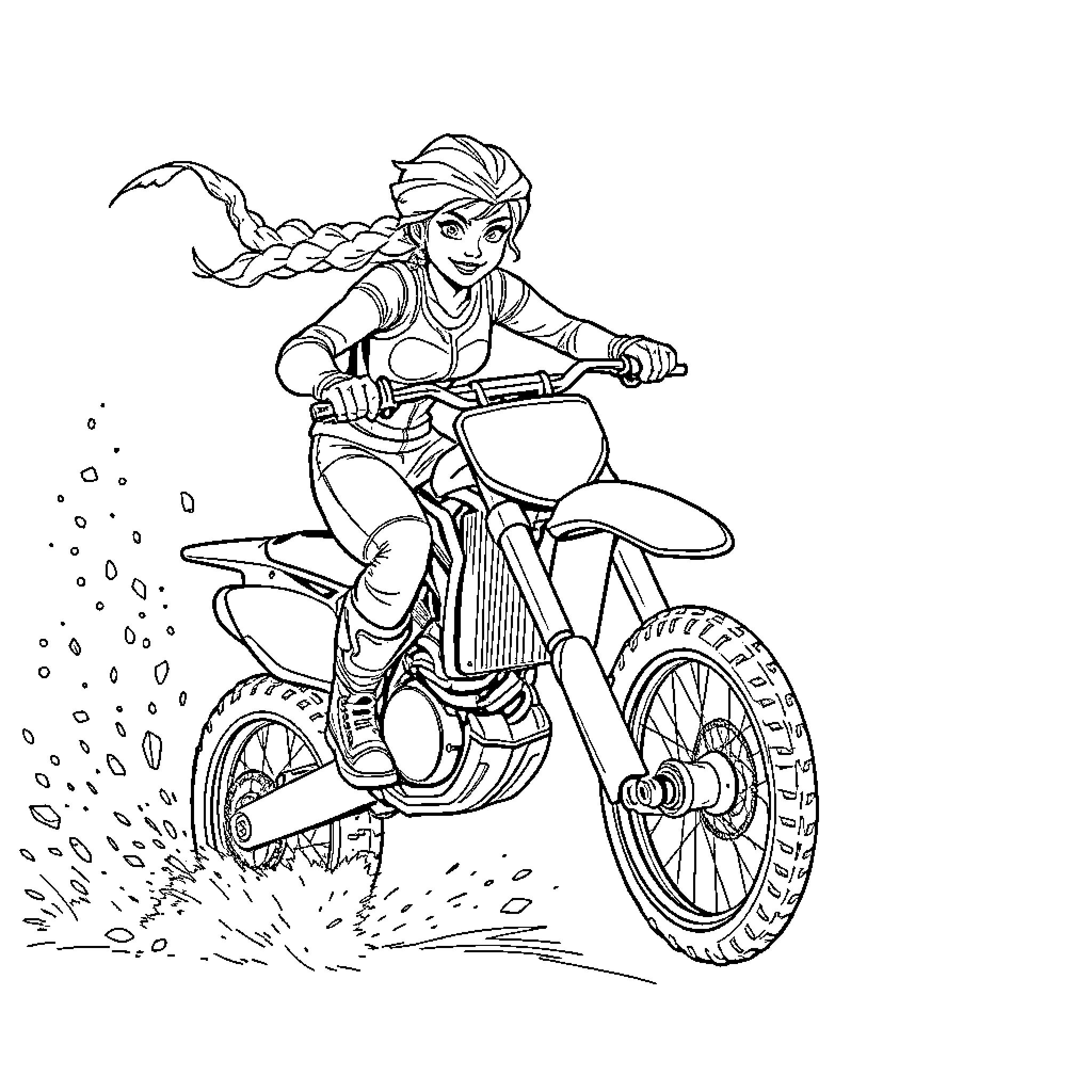 Elsa riding a motorcycle through the dirt Coloring Page (free black-and-white line drawing printable PDF for all, from beginners to advanced learners, including children, teens, adults, and seniors)