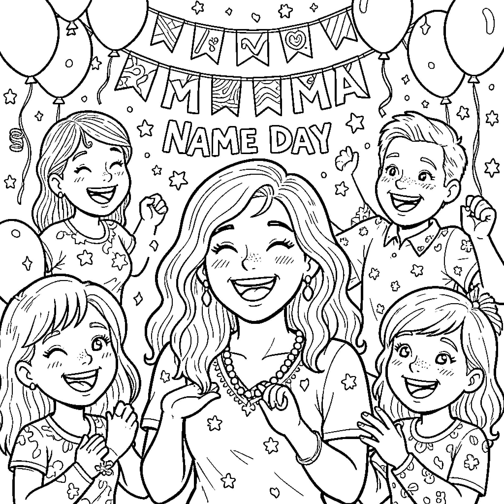 Mama Celebrating Name Day with Family Coloring Page (free black-and-white line drawing printable PDF for all, from beginners to advanced learners, including children, teens, adults, and seniors)