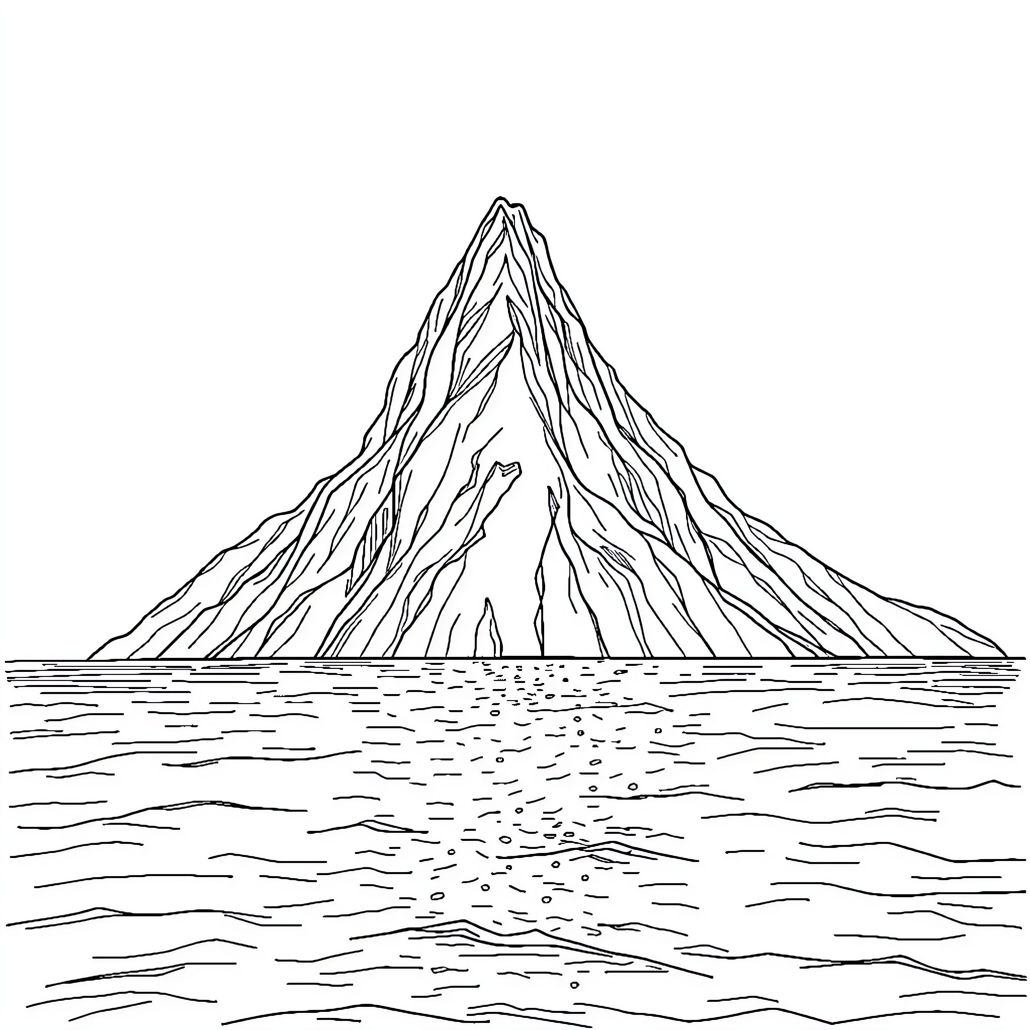 Mountain Peak Rising Above Serene Waters Coloring Page (free black-and-white line drawing printable PDF for all, from beginners to advanced learners, including children, teens, adults, and seniors)