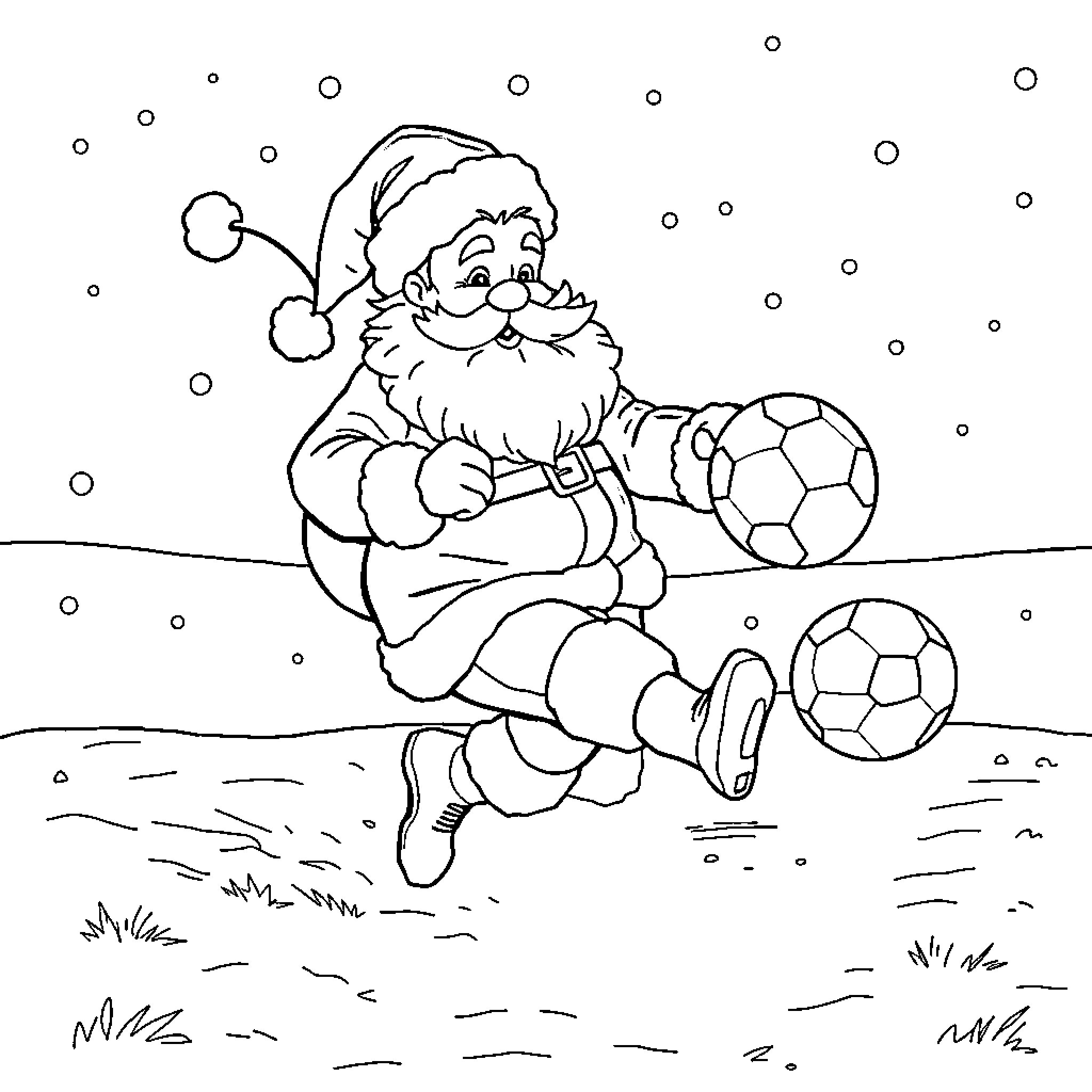 Santa playing joyfully with soccer balls in the snow Coloring Page (free black-and-white line drawing printable PDF for all, from beginners to advanced learners, including children, teens, adults, and seniors)