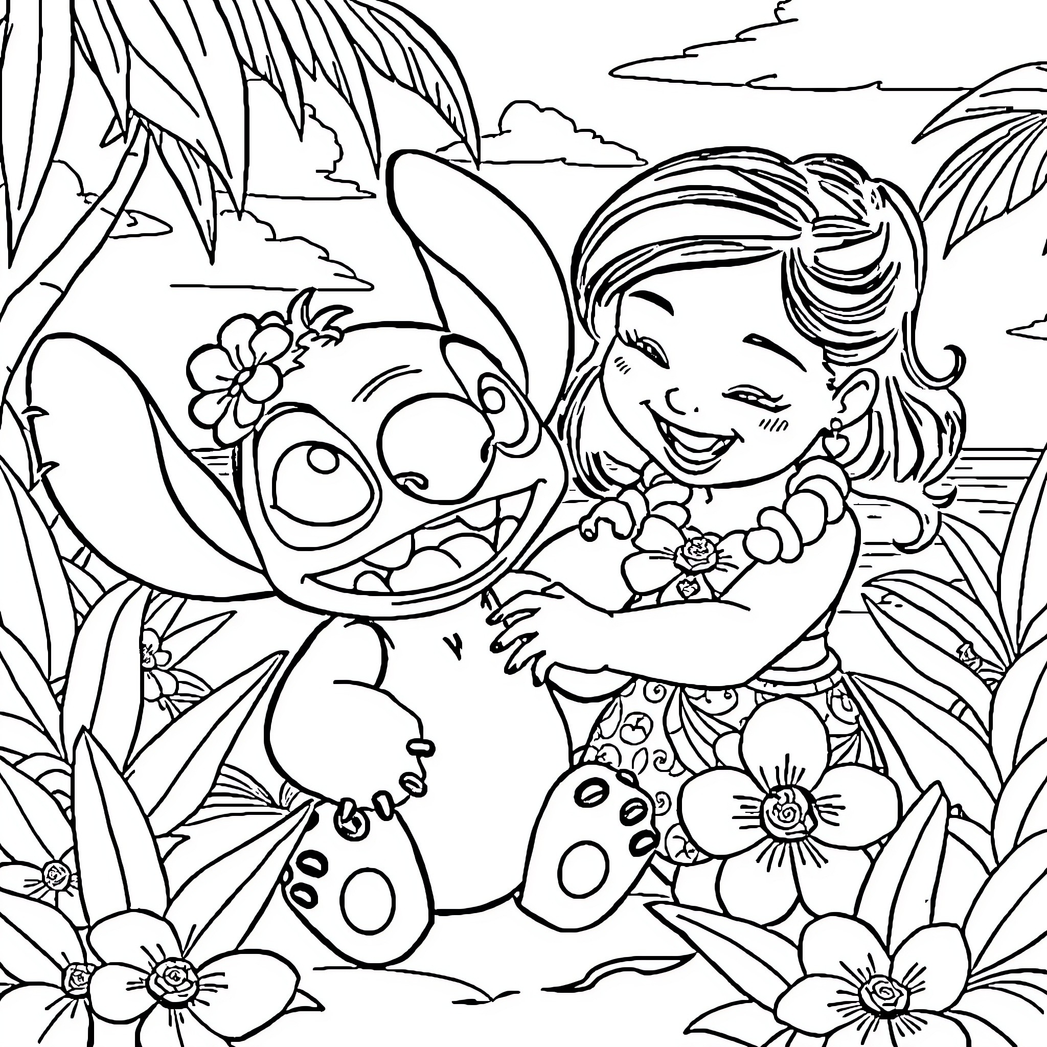 Lilo And Stitch Playing Happily in the Tropical Landscape Coloring Page (free black-and-white line drawing printable PDF for all, from beginners to advanced learners, including children, teens, adults, and seniors)