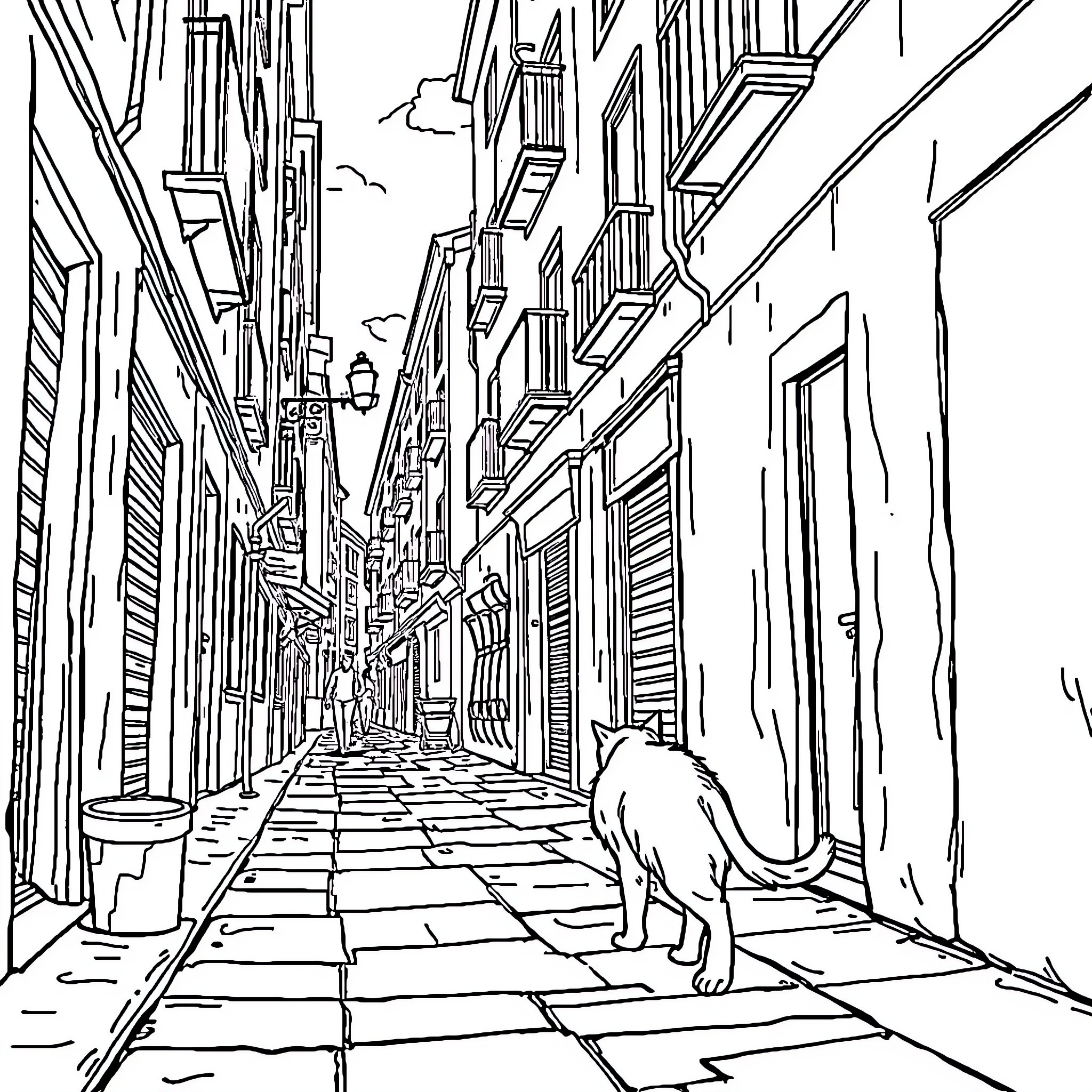 Cat exploring the narrow city alleyway Coloring Page (free black-and-white line drawing printable PDF for all, from beginners to advanced learners, including children, teens, adults, and seniors)