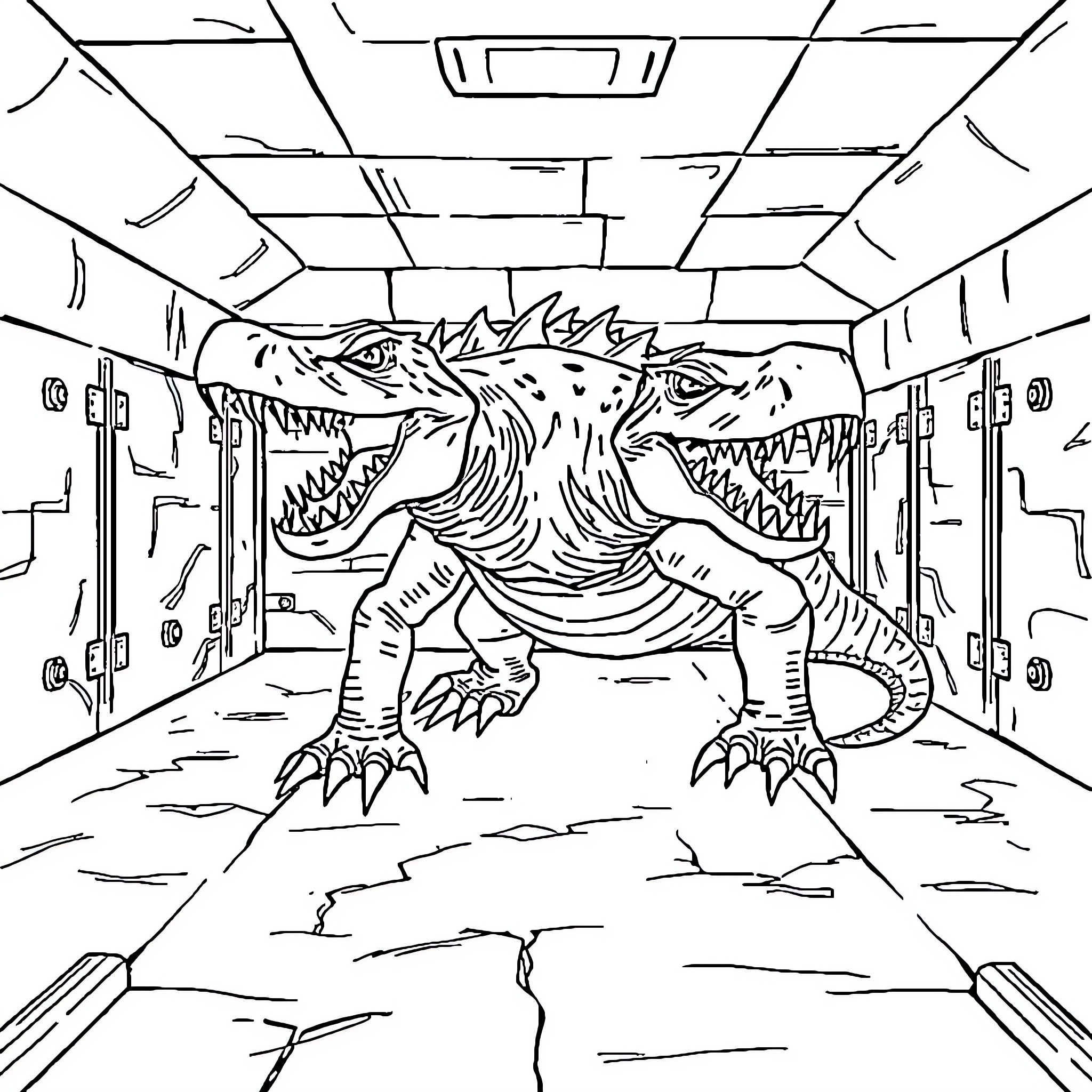SCP-682: Monstrous Containment Breach Coloring Page (free black-and-white line drawing printable PDF for all, from beginners to advanced learners, including children, teens, adults, and seniors)
