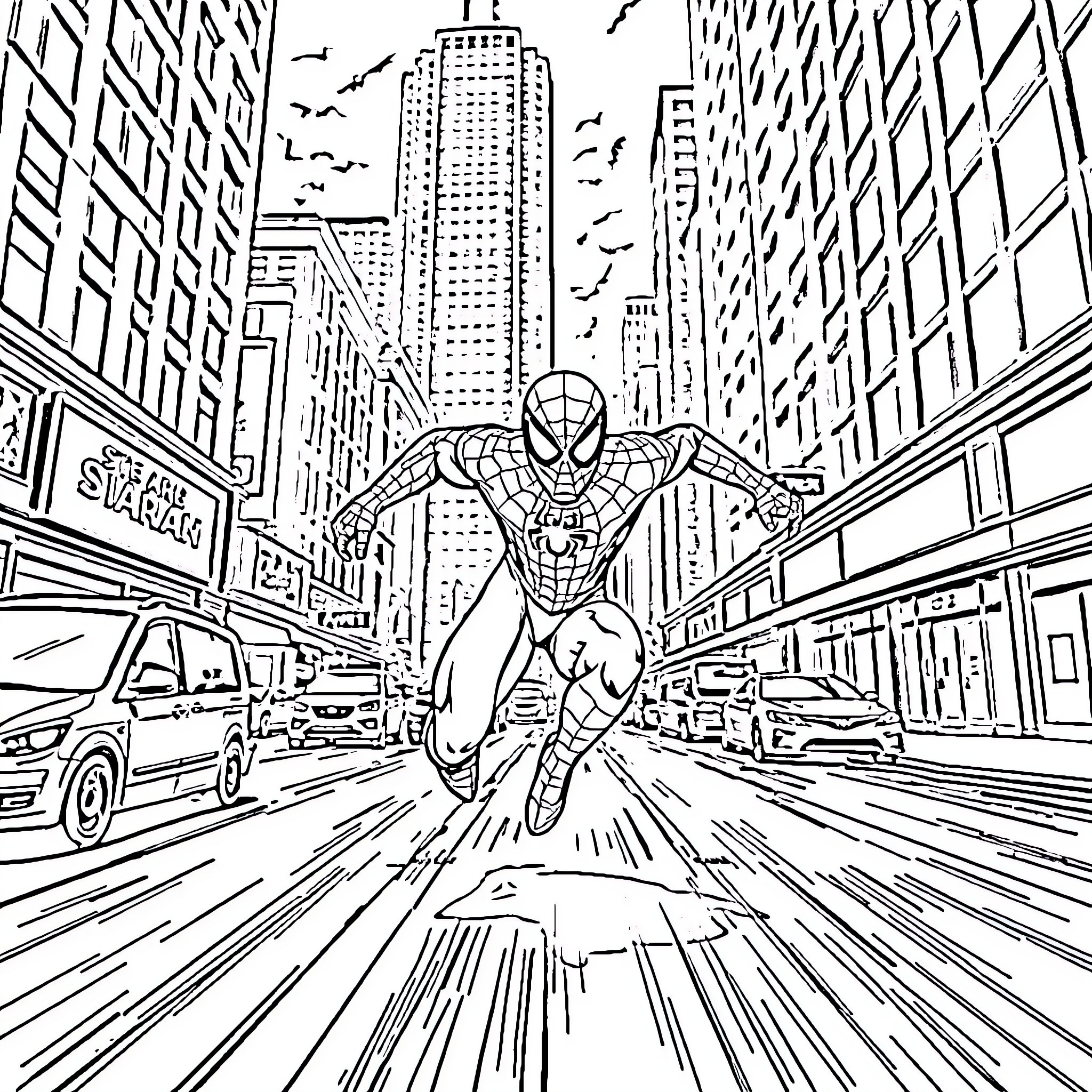 Spiderman swinging through the city streets Coloring Page (free black-and-white line drawing printable PDF for all, from beginners to advanced learners, including children, teens, adults, and seniors)