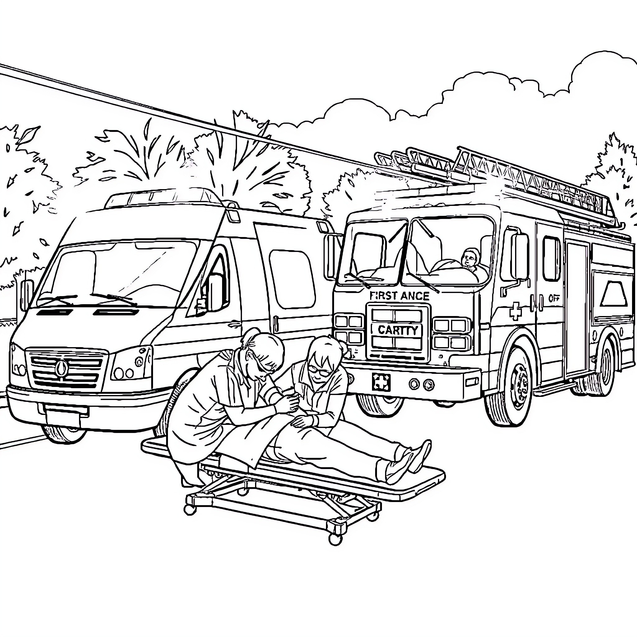 Ambulance responding to emergency situation Coloring Page (free black-and-white line drawing printable PDF for all, from beginners to advanced learners, including children, teens, adults, and seniors)