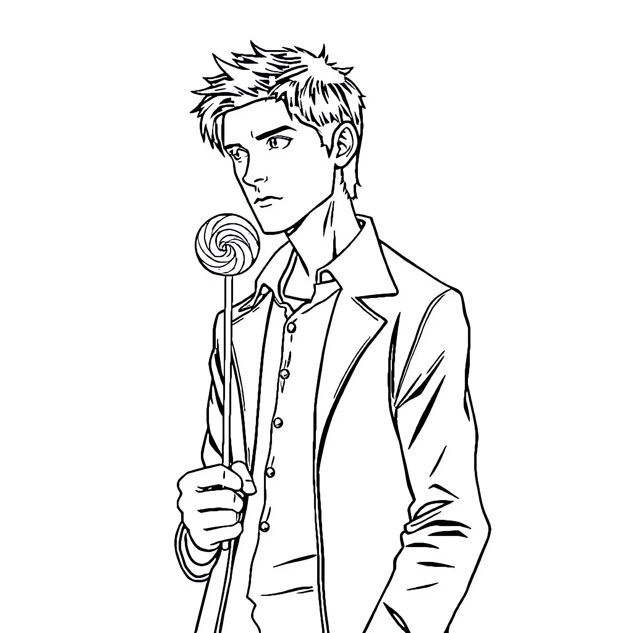 Castiel holding a lollipop with a serious expression Coloring Page (free black-and-white line drawing printable PDF for all, from beginners to advanced learners, including children, teens, adults, and seniors)