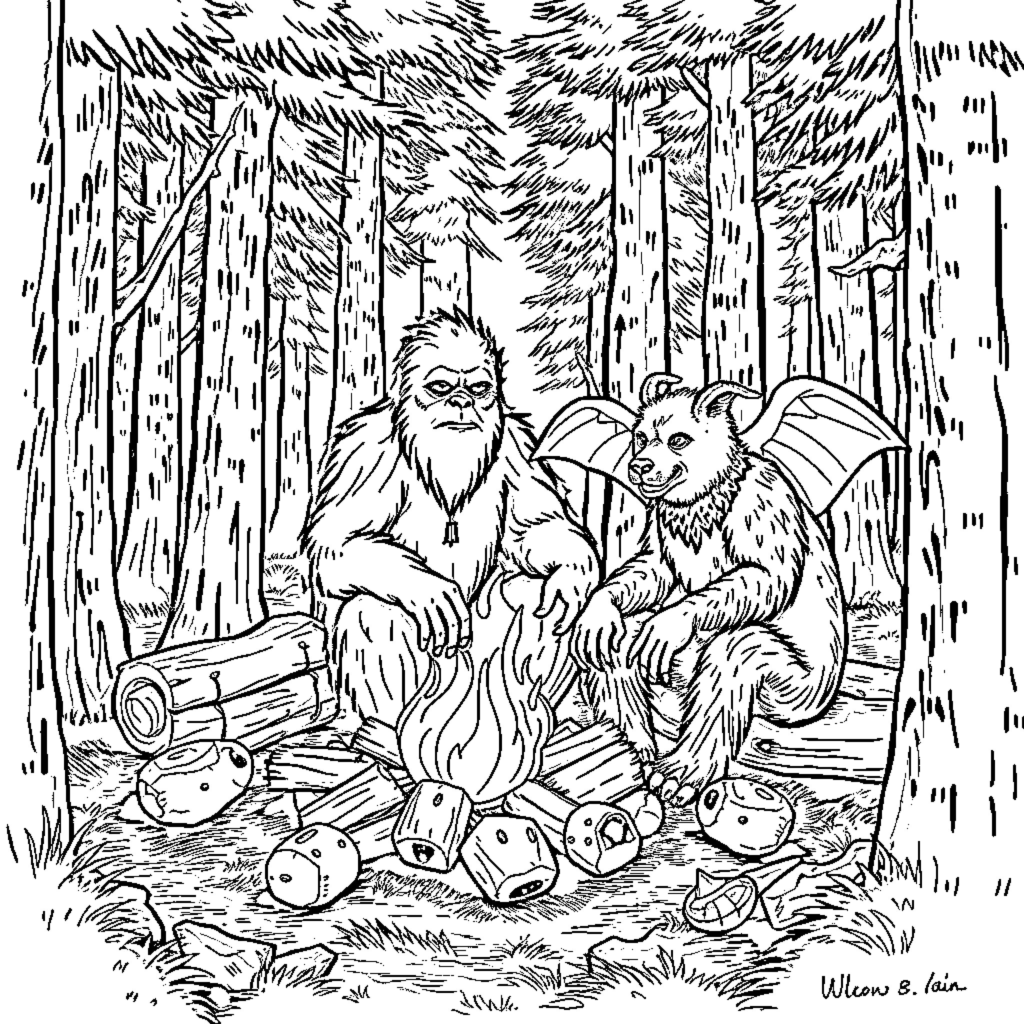 Cryptid Campfire with Mysterious Companions Coloring Page (free black-and-white line drawing printable PDF for all, from beginners to advanced learners, including children, teens, adults, and seniors)