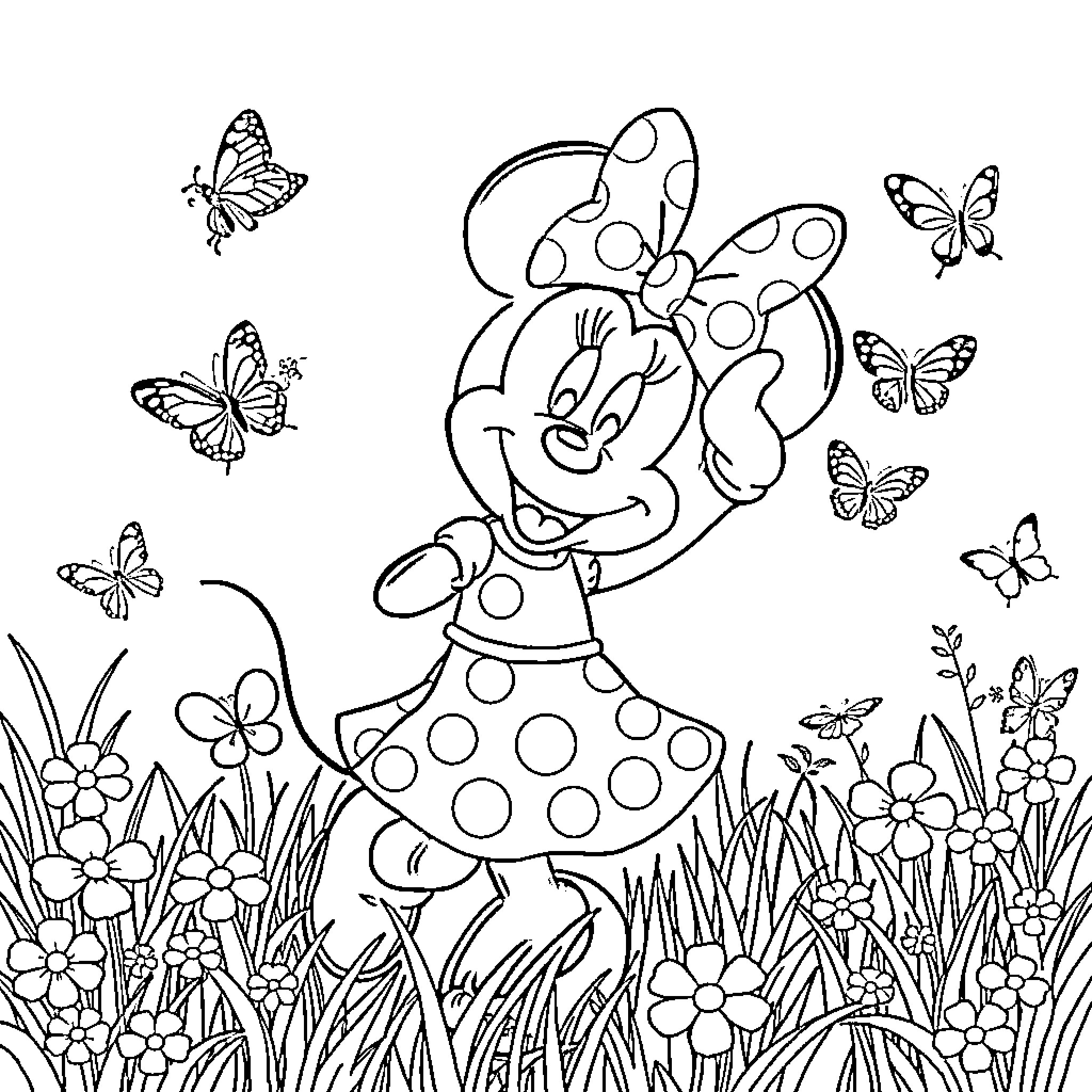 Minnie Mouse enjoying nature with butterflies Coloring Page (free black-and-white line drawing printable PDF for all, from beginners to advanced learners, including children, teens, adults, and seniors)