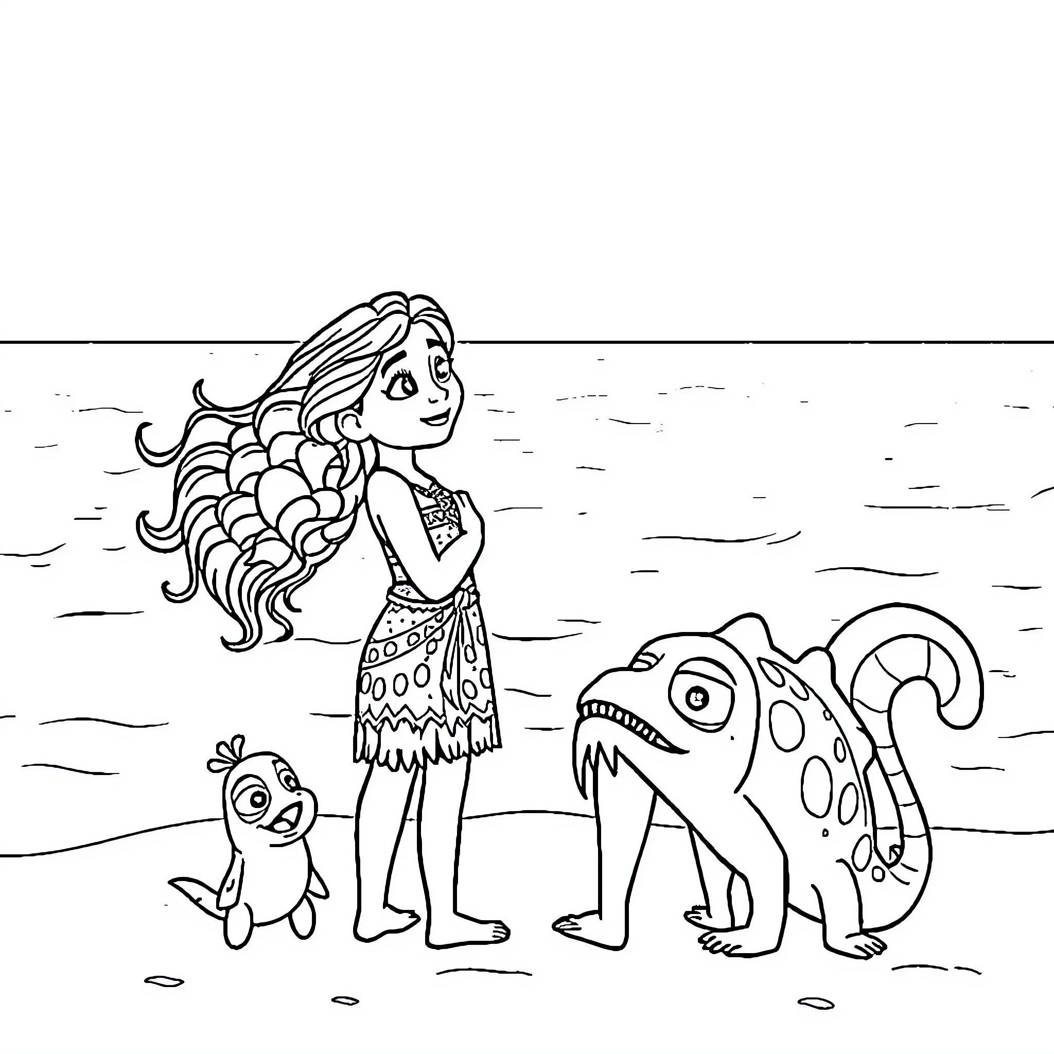 Moana exploring the ocean with sea creatures Coloring Page (free black-and-white line drawing printable PDF for all, from beginners to advanced learners, including children, teens, adults, and seniors)