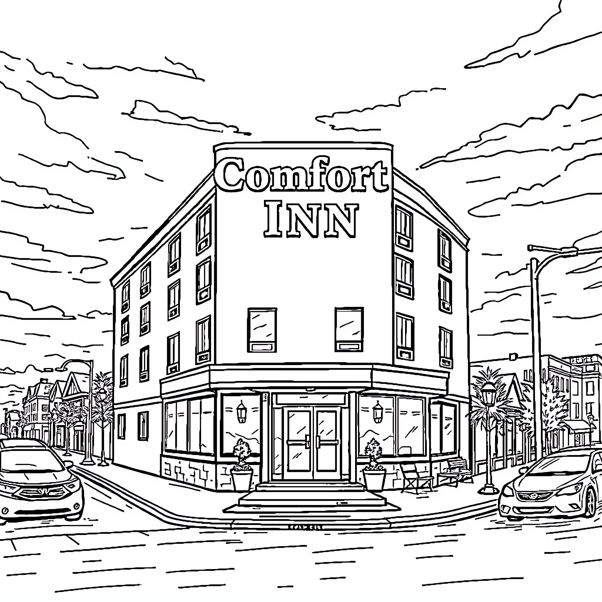 Hotel with Comfort Inn signage in city street scene Coloring Page (free black-and-white line drawing printable PDF for all, from beginners to advanced learners, including children, teens, adults, and seniors)