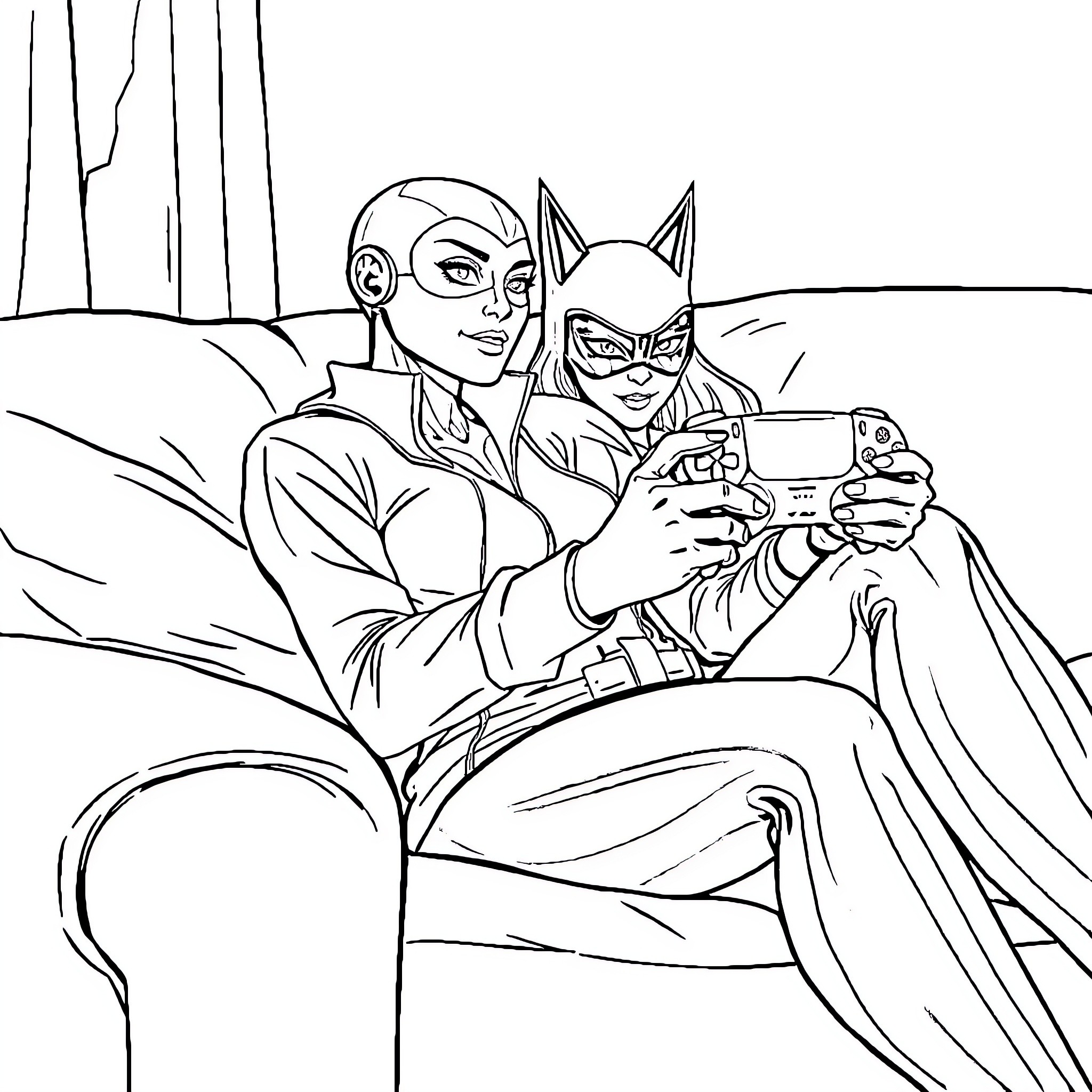 Catwoman and Companion Enjoy Gaming Together Coloring Page (free black-and-white line drawing printable PDF for all, from beginners to advanced learners, including children, teens, adults, and seniors)