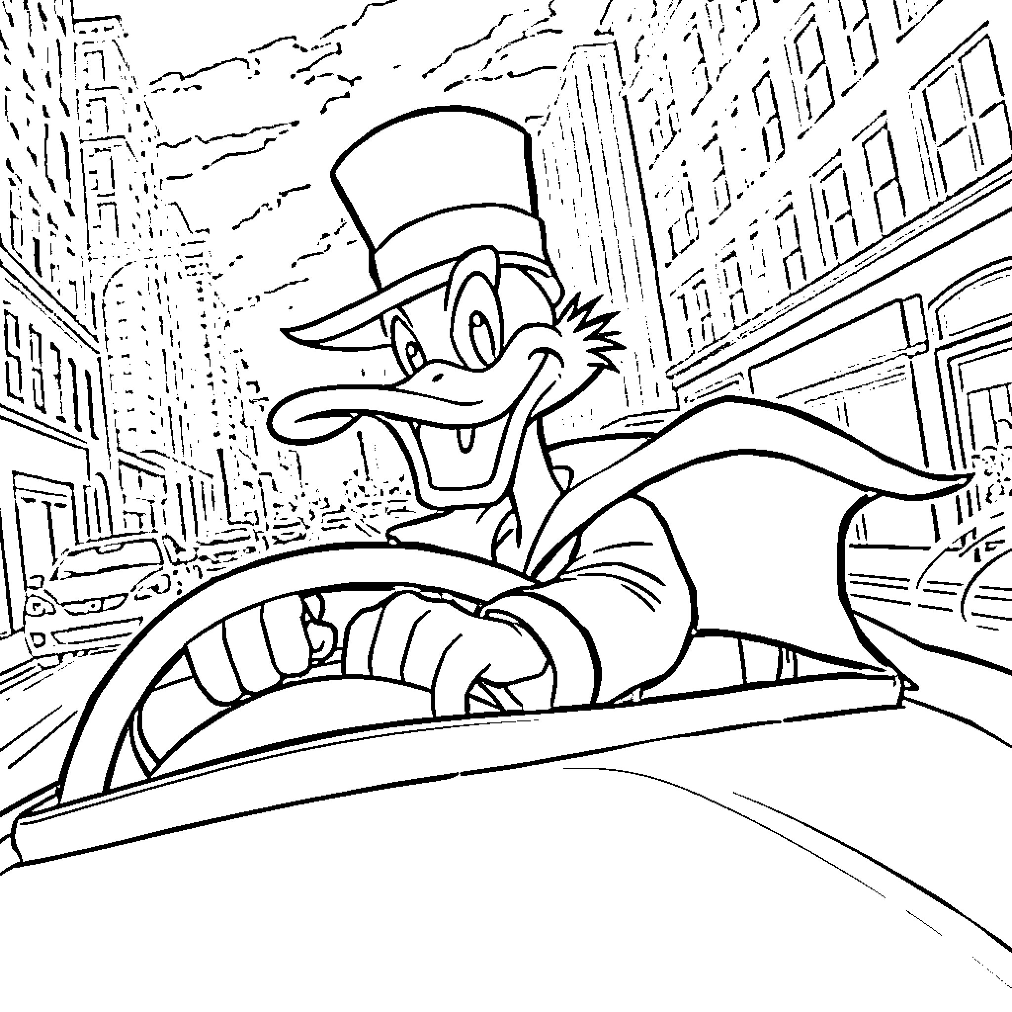 Darkwing Duck soaring through the city streets Coloring Page (free black-and-white line drawing printable PDF for all, from beginners to advanced learners, including children, teens, adults, and seniors)