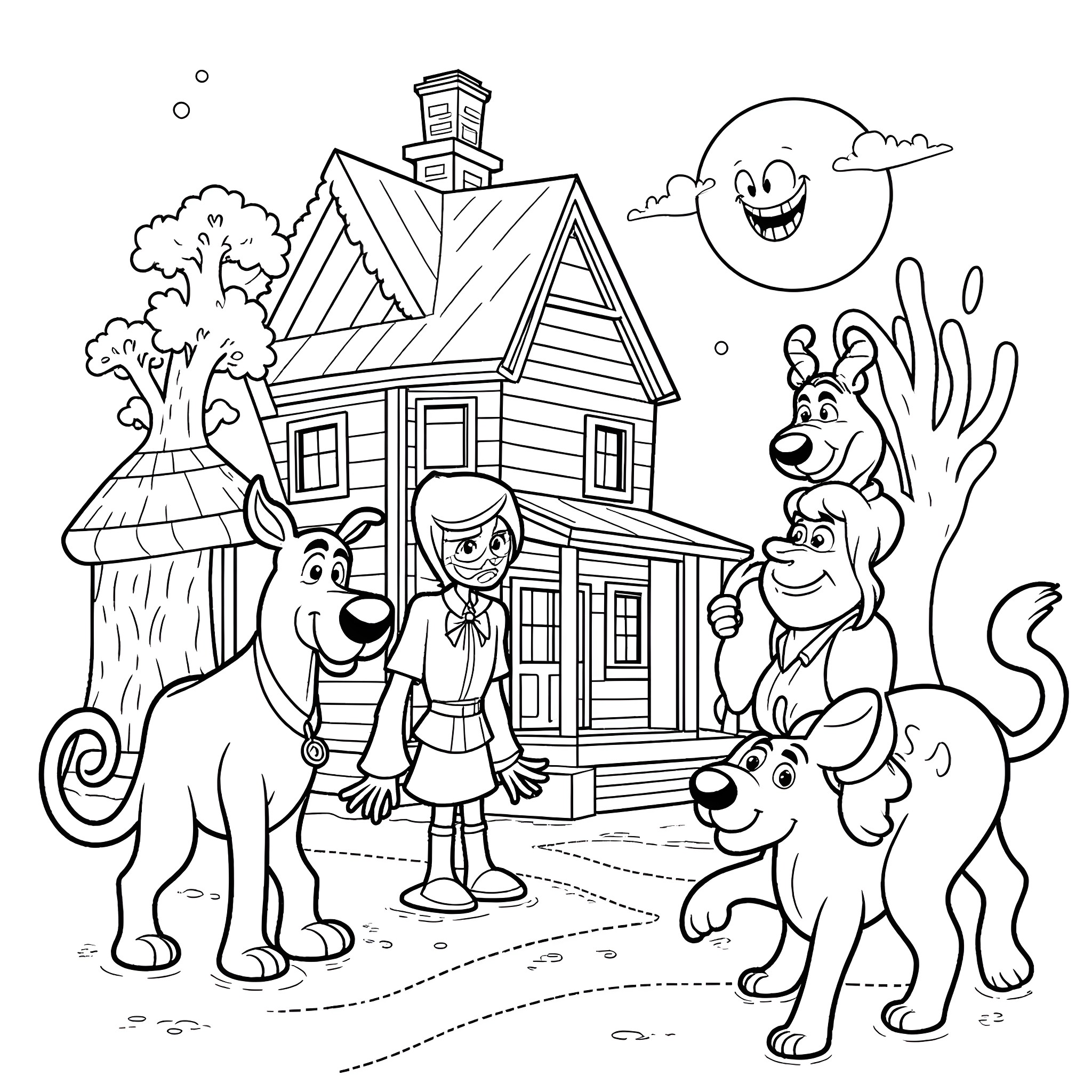Character with Friendly Pets in Countryside Scene Coloring Page (free black-and-white line drawing printable PDF for all, from beginners to advanced learners, including children, teens, adults, and seniors)
