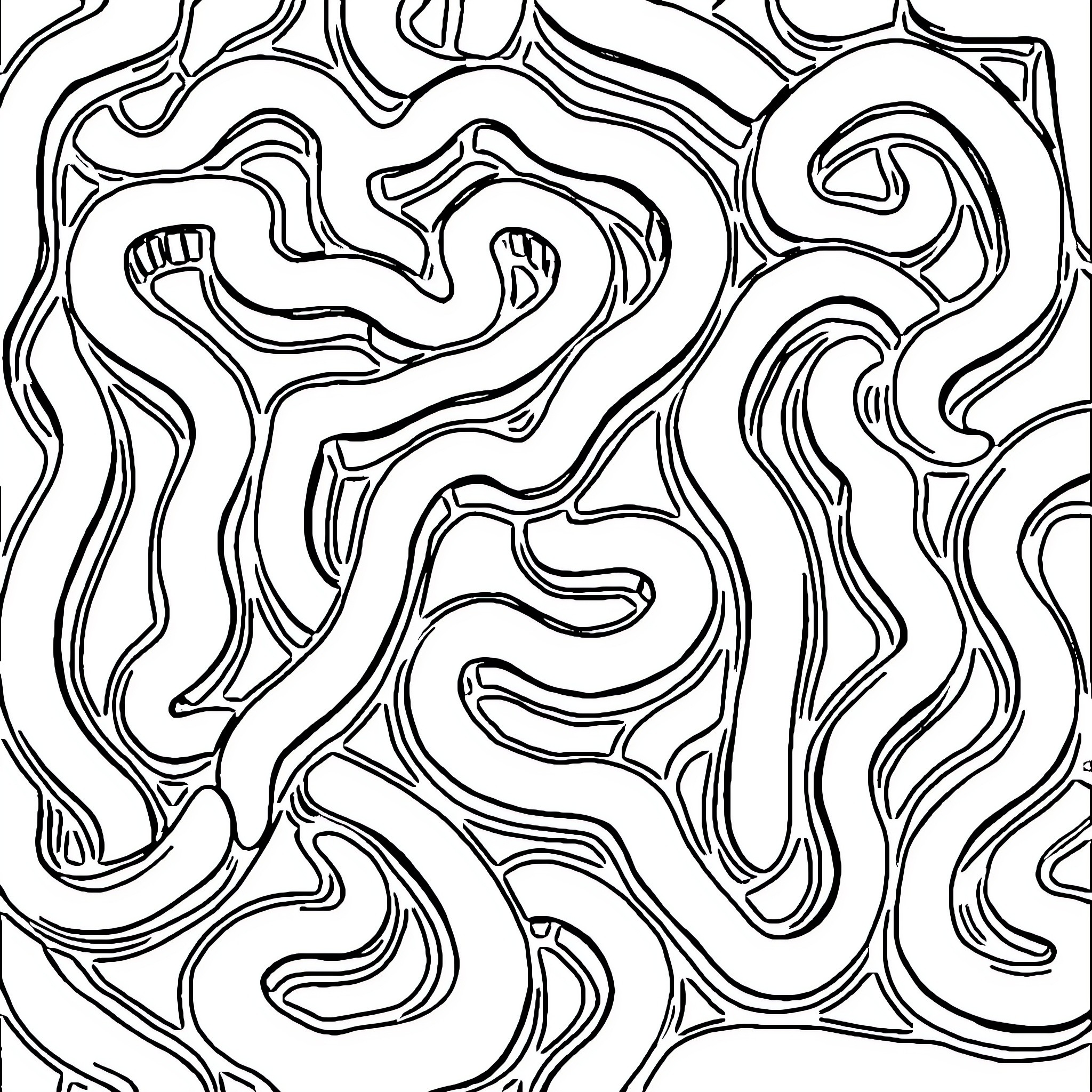 Maze of abstract organic shapes Coloring Page (free black-and-white line drawing printable PDF for all, from beginners to advanced learners, including children, teens, adults, and seniors)