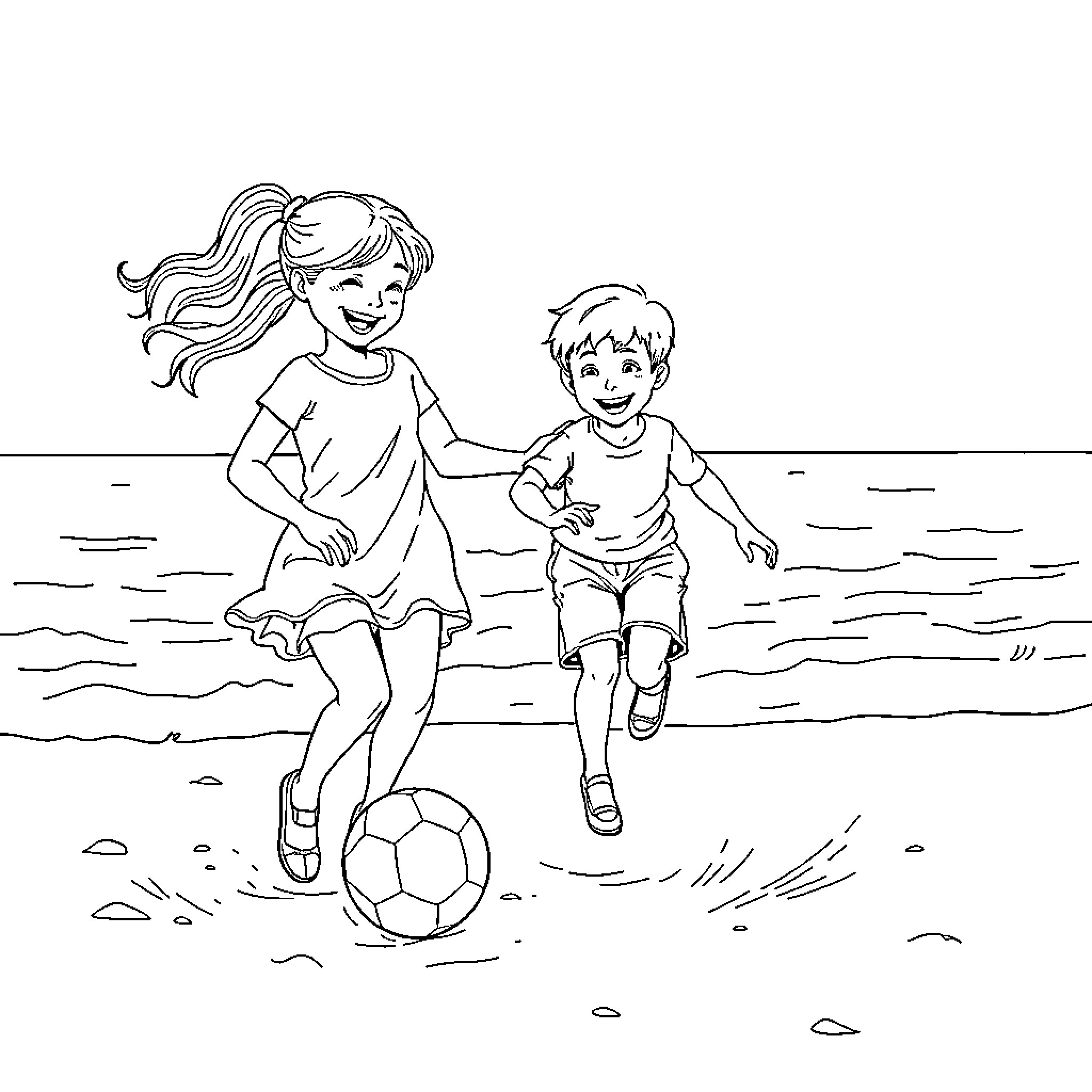 Girl and boy playing with soccer ball on beach Coloring Page (free black-and-white line drawing printable PDF for all, from beginners to advanced learners, including children, teens, adults, and seniors)