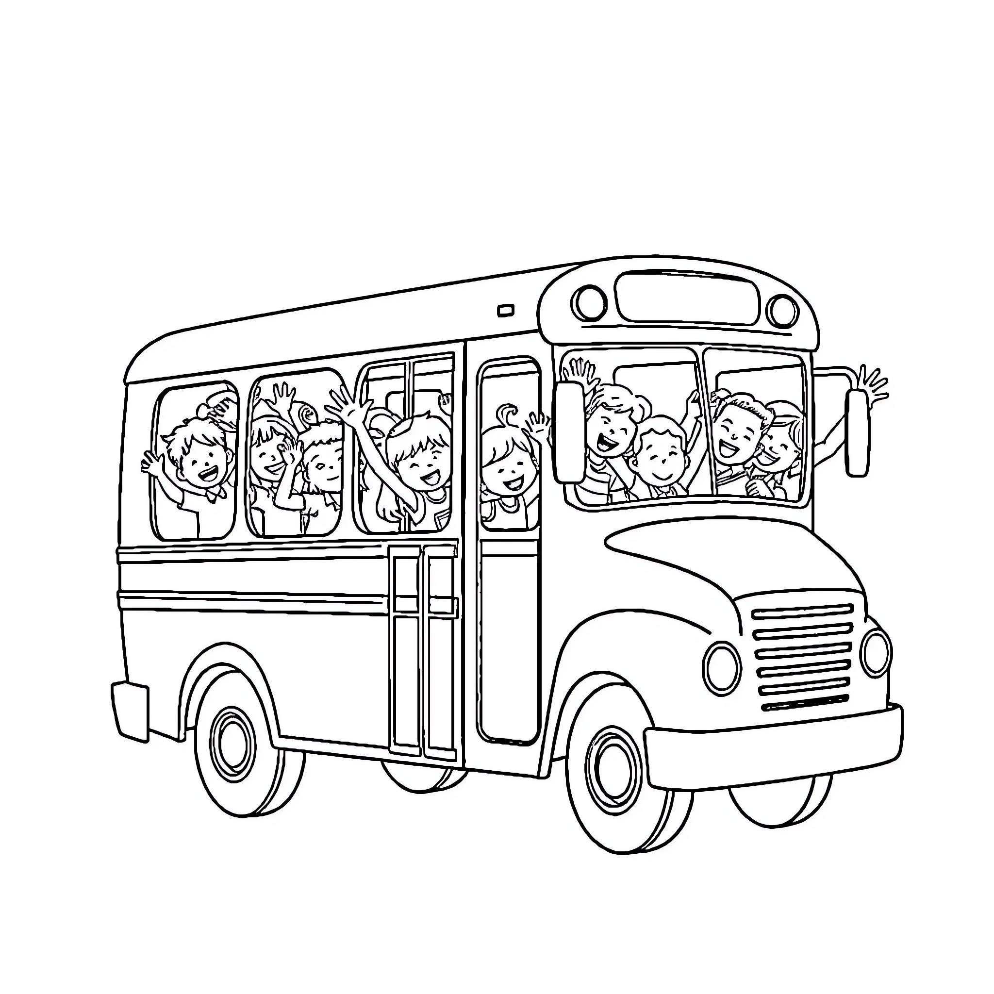 Bus transporting a group of happy children Coloring Page (free black-and-white line drawing printable PDF for all, from beginners to advanced learners, including children, teens, adults, and seniors)