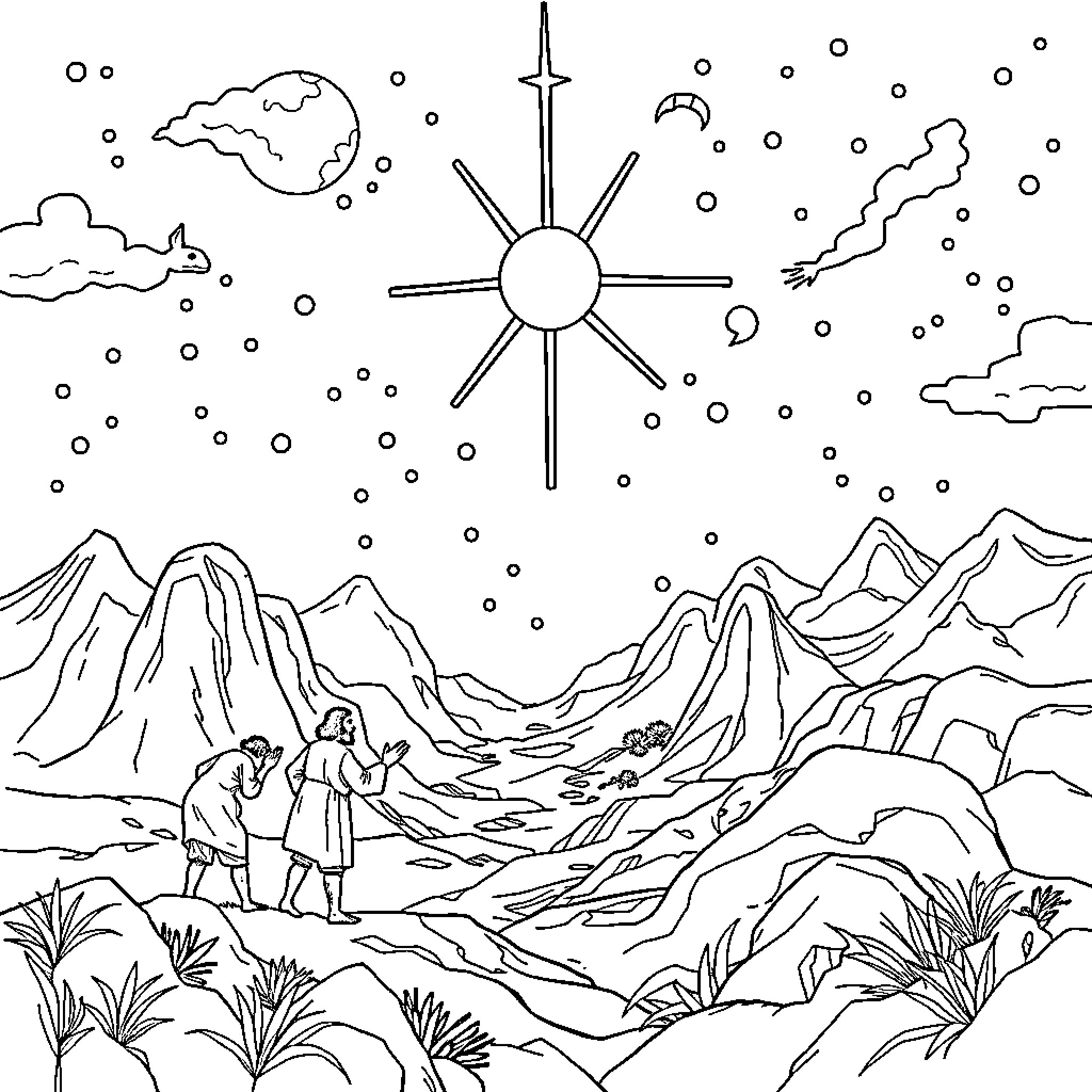 Creation of a wintry landscape scene Coloring Page (free black-and-white line drawing printable PDF for all, from beginners to advanced learners, including children, teens, adults, and seniors)