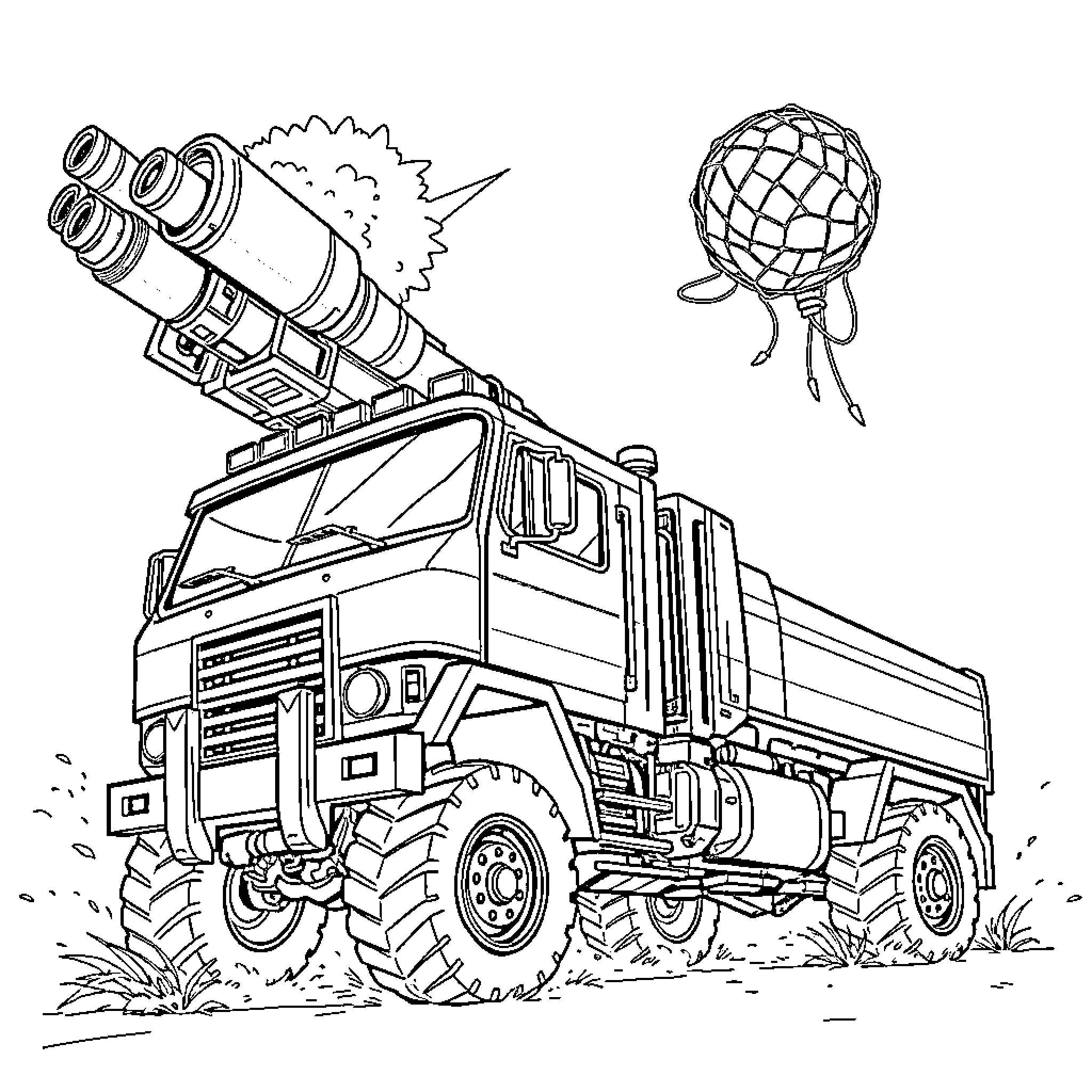 Police Truck Firing Smoke Grenade Launcher at Riot Gear Coloring Page (free black-and-white line drawing printable PDF for all, from beginners to advanced learners, including children, teens, adults, and seniors)