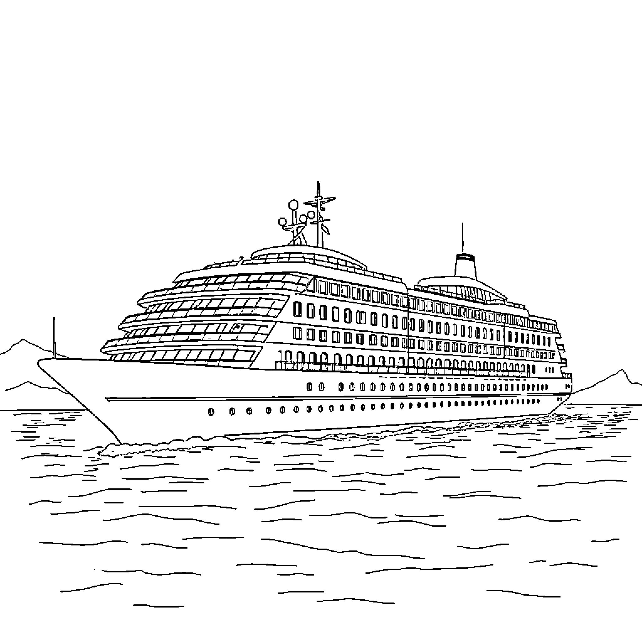 Cruise Ship Sailing on the Open Water Coloring Page (free black-and-white line drawing printable PDF for all, from beginners to advanced learners, including children, teens, adults, and seniors)