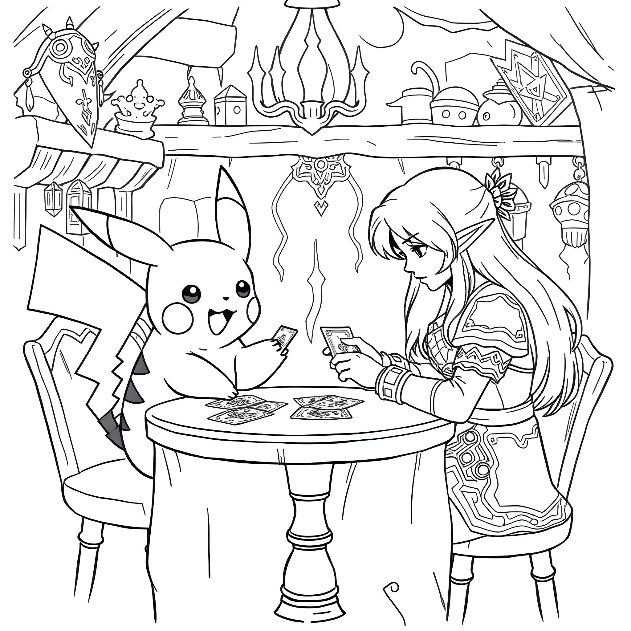 Pikachu playing games with female character in fantasy setting Coloring Page (free black-and-white line drawing printable PDF for all, from beginners to advanced learners, including children, teens, adults, and seniors)