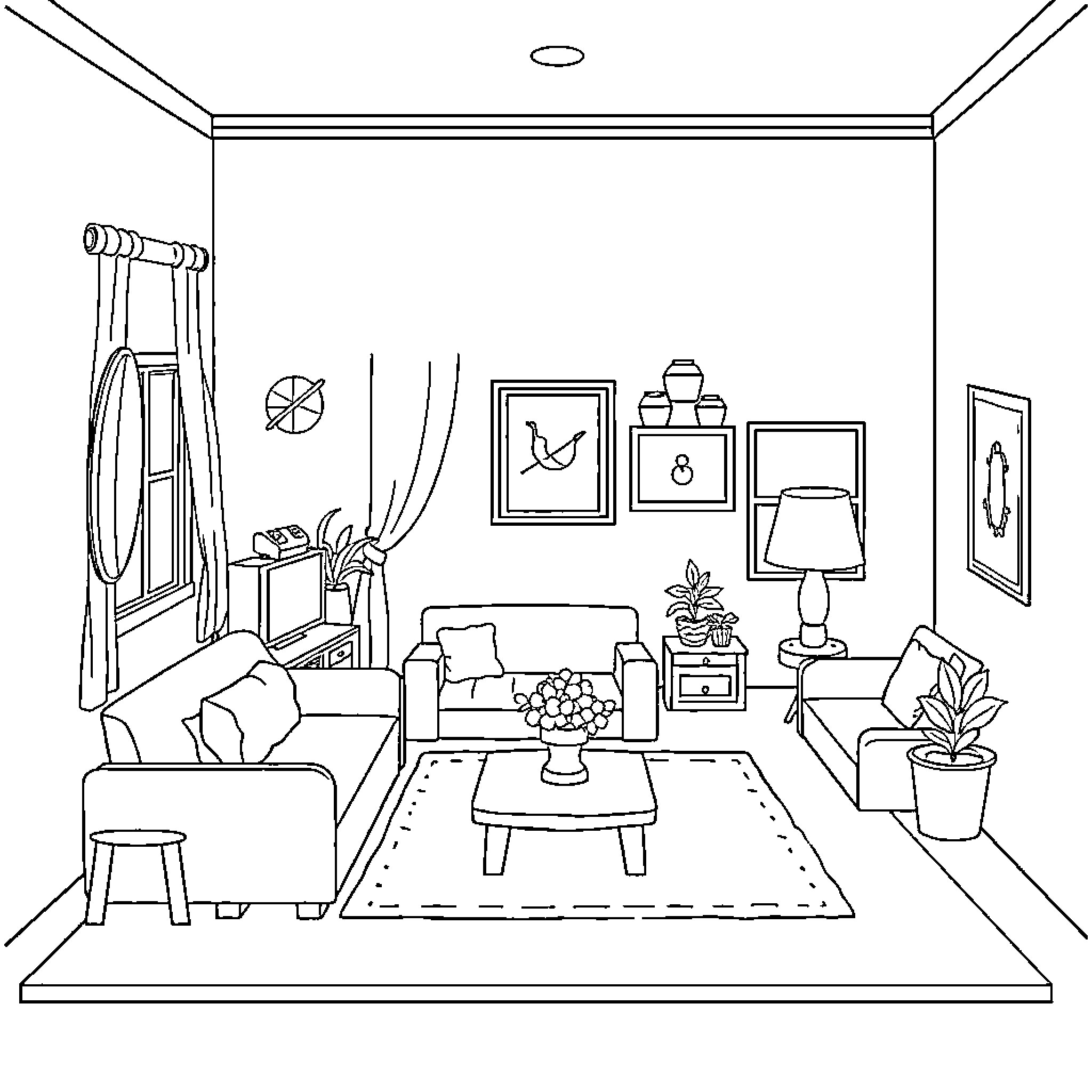 Furniture in a cozy living room setting Coloring Page (free black-and-white line drawing printable PDF for all, from beginners to advanced learners, including children, teens, adults, and seniors)