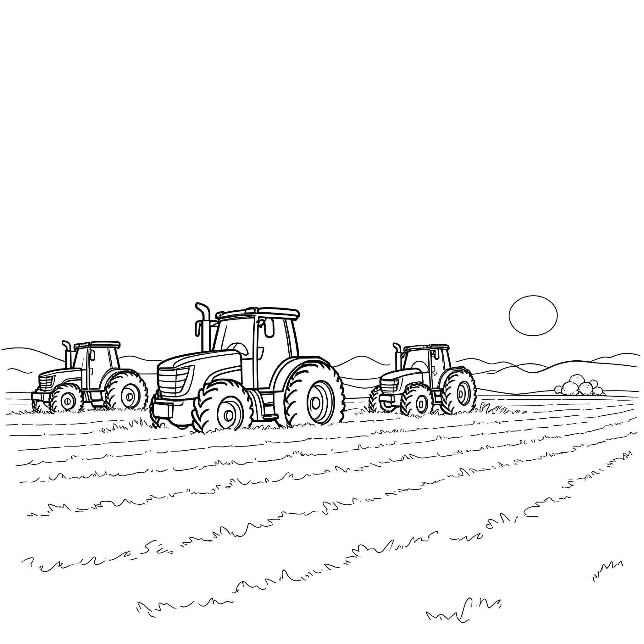 Tractor plowing fields in rural landscape Coloring Page (free black-and-white line drawing printable PDF for all, from beginners to advanced learners, including children, teens, adults, and seniors)