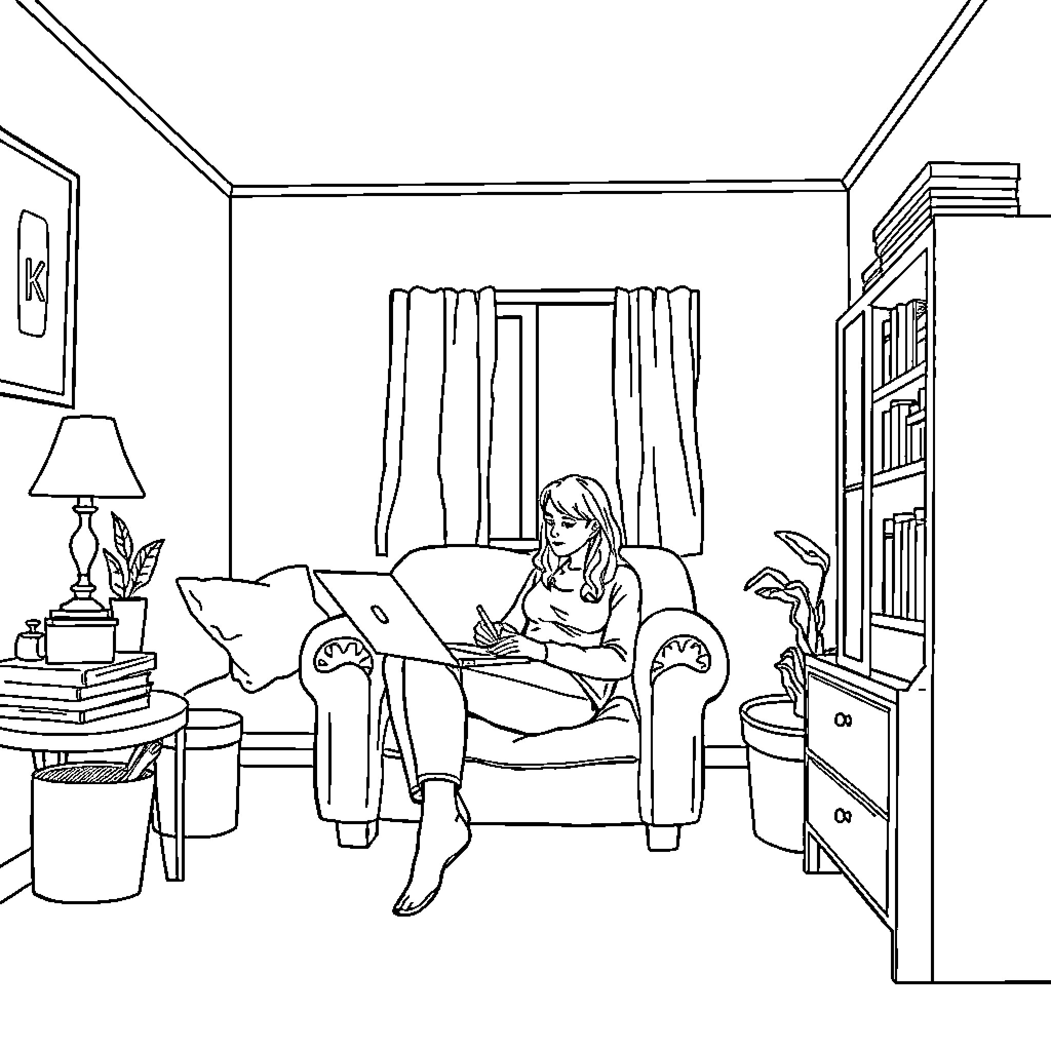 Person sitting on couch with laptop in cozy room Coloring Page (free black-and-white line drawing printable PDF for all, from beginners to advanced learners, including children, teens, adults, and seniors)