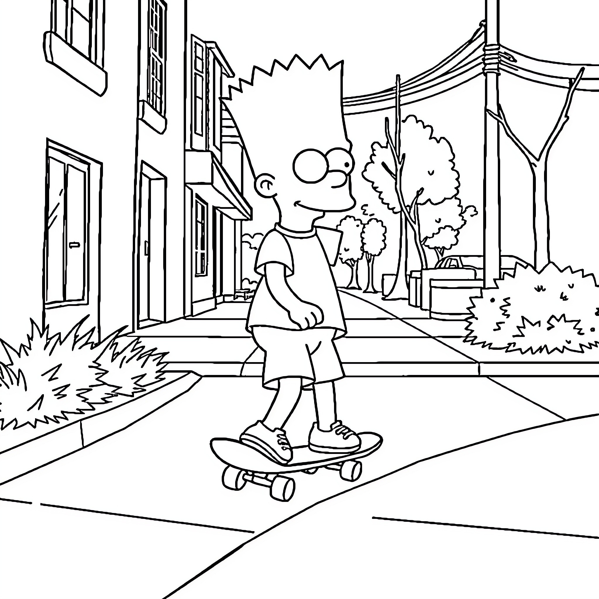 Bart skateboarding through a neighborhood Coloring Page (free black-and-white line drawing printable PDF for all, from beginners to advanced learners, including children, teens, adults, and seniors)