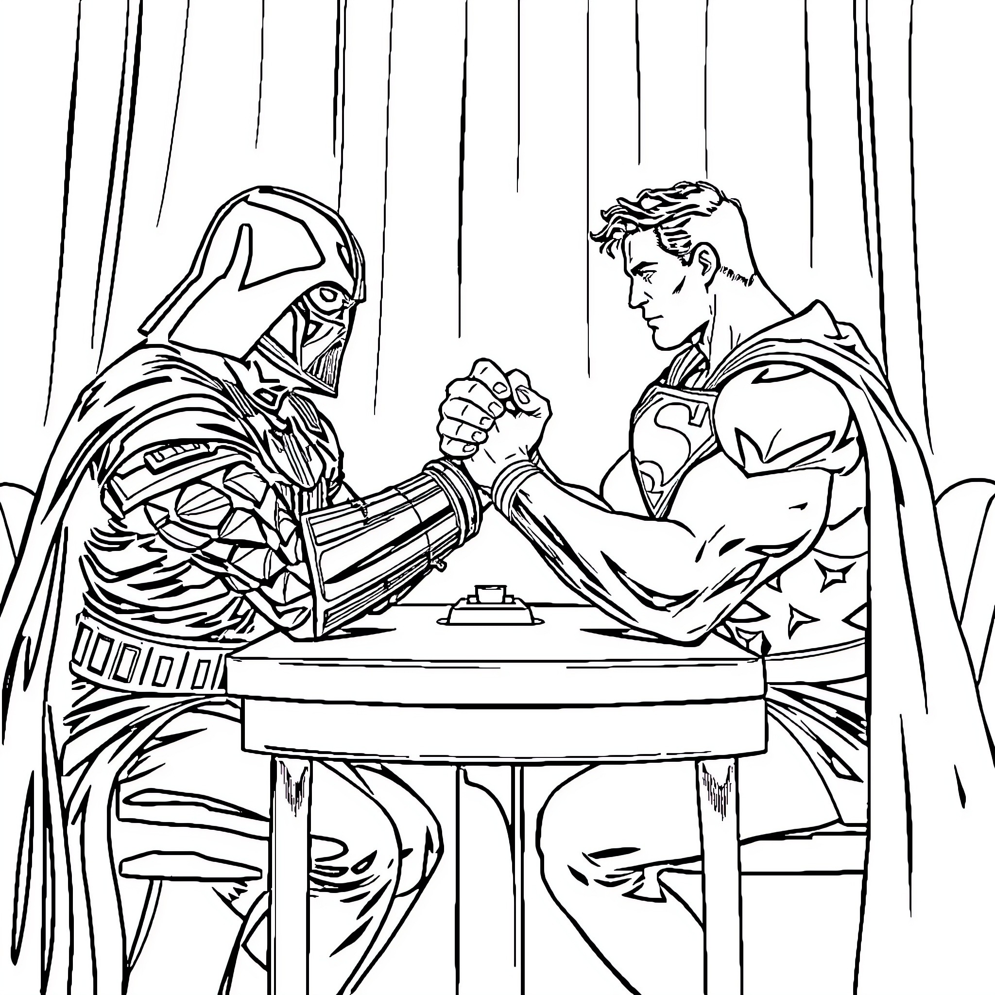 Darth Vader and Superman arm wrestling on a table Coloring Page (free black-and-white line drawing printable PDF for all, from beginners to advanced learners, including children, teens, adults, and seniors)