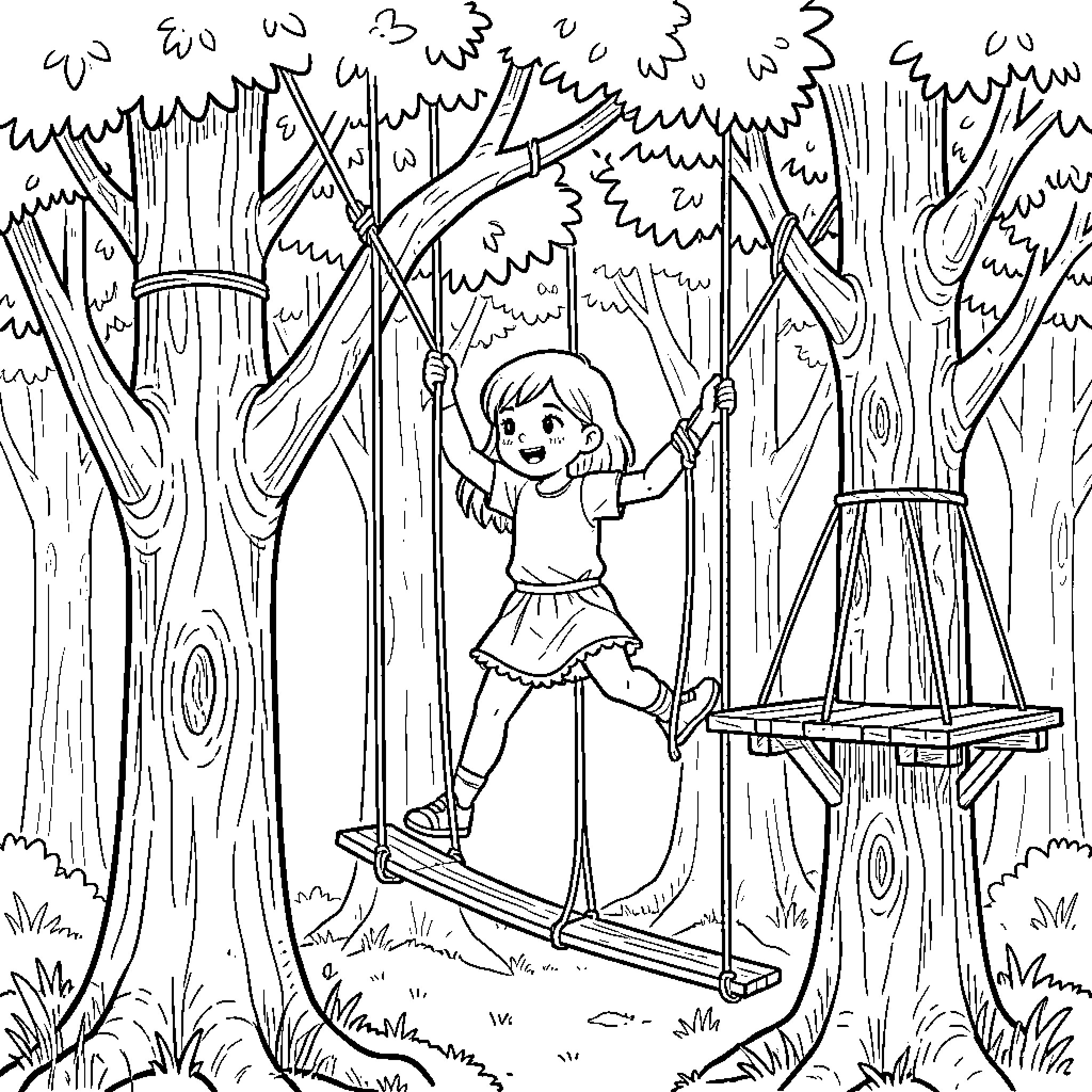 Fille swinging happily on a wooden swing in the woods Coloring Page (free black-and-white line drawing printable PDF for all, from beginners to advanced learners, including children, teens, adults, and seniors)