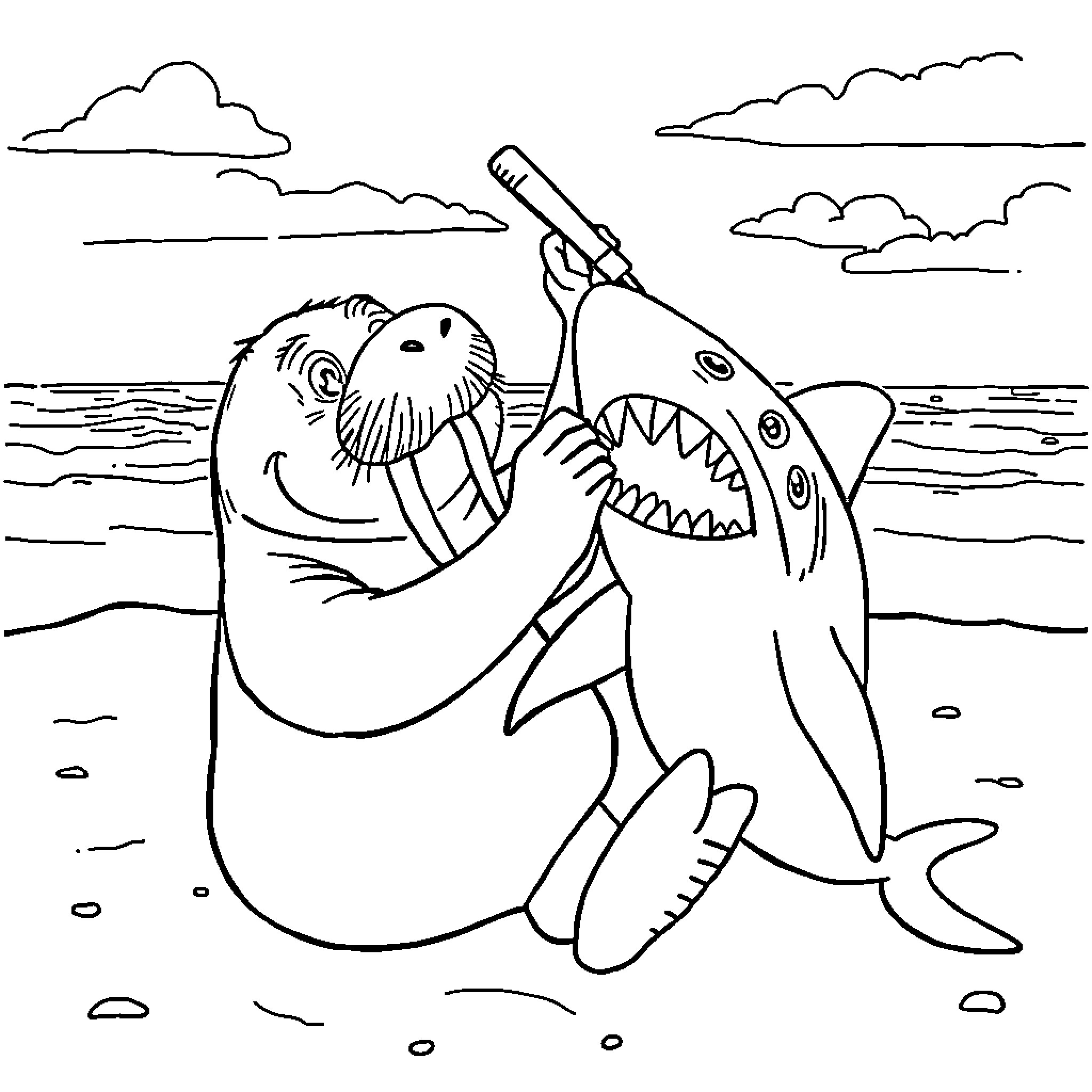 Walrus playing with shark in the ocean Coloring Page (free black-and-white line drawing printable PDF for all, from beginners to advanced learners, including children, teens, adults, and seniors)