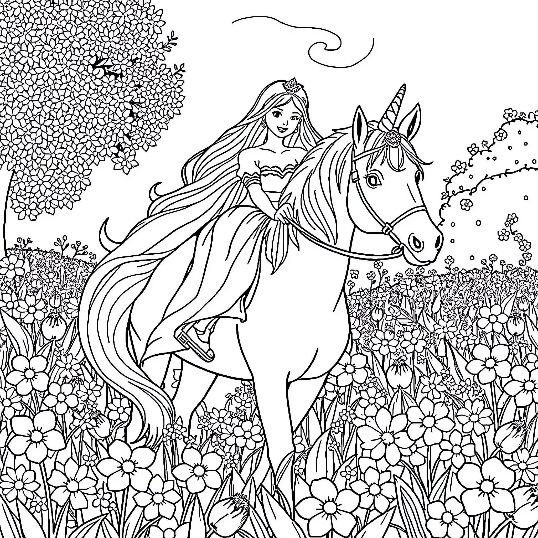 Princess riding unicorn through enchanted meadow Coloring Page (free black-and-white line drawing printable PDF for all, from beginners to advanced learners, including children, teens, adults, and seniors)