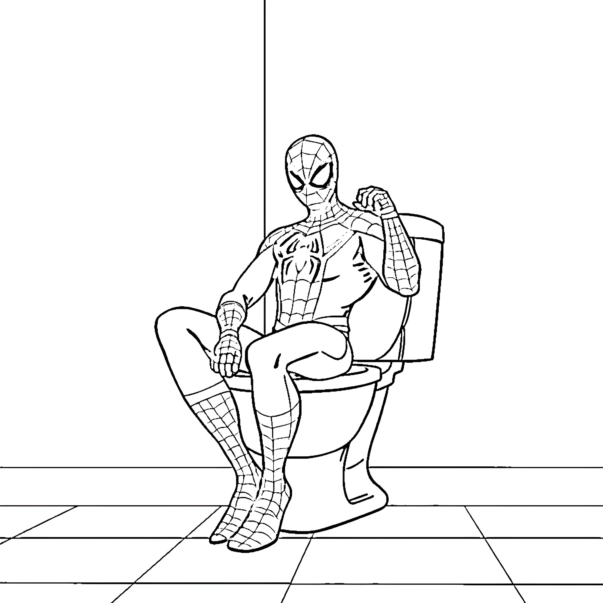 Spiderman sitting on a chair Coloring Page (free black-and-white line drawing printable PDF for all, from beginners to advanced learners, including children, teens, adults, and seniors)