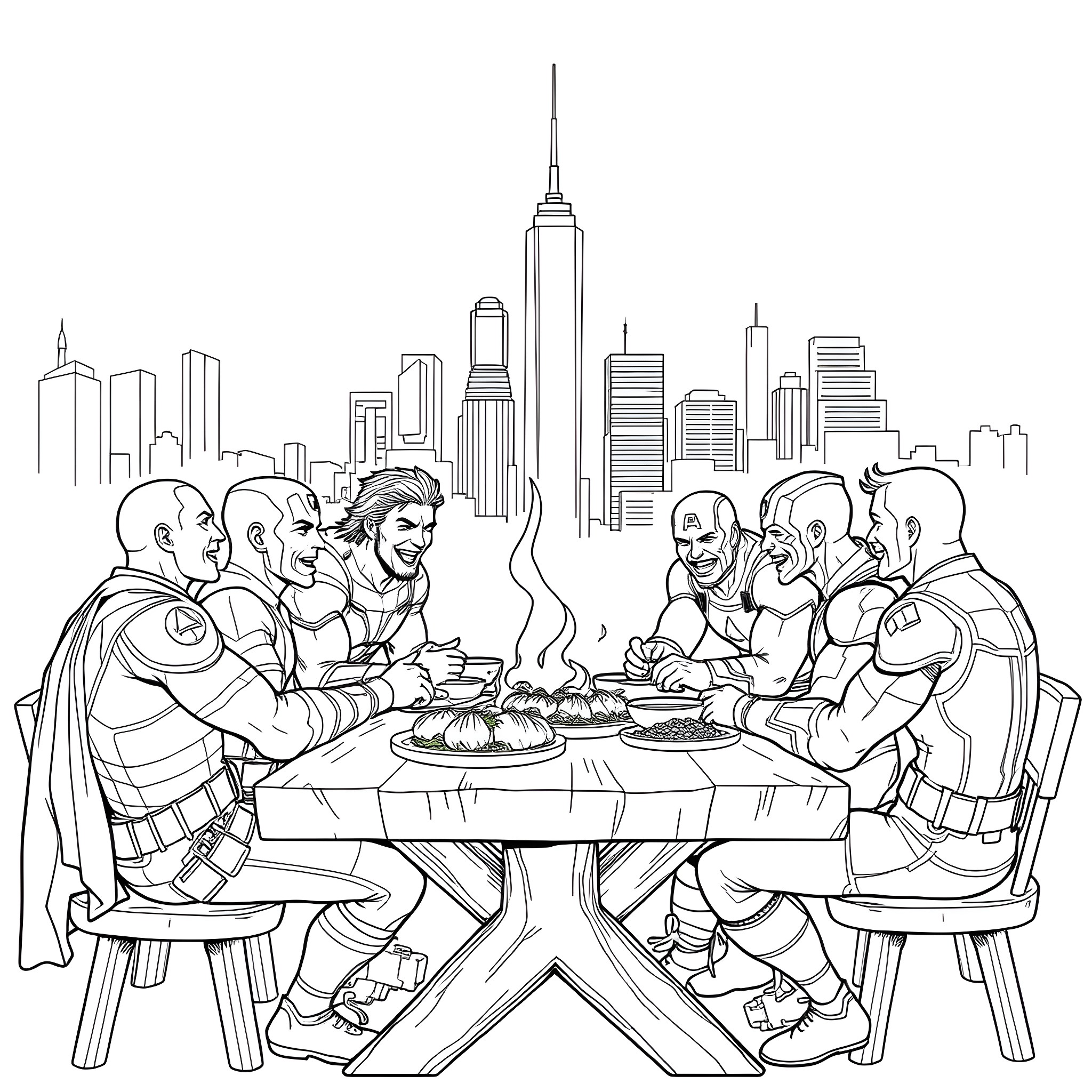 Avengers Assembling for Dinner in the City Coloring Page (free black-and-white line drawing printable PDF for all, from beginners to advanced learners, including children, teens, adults, and seniors)